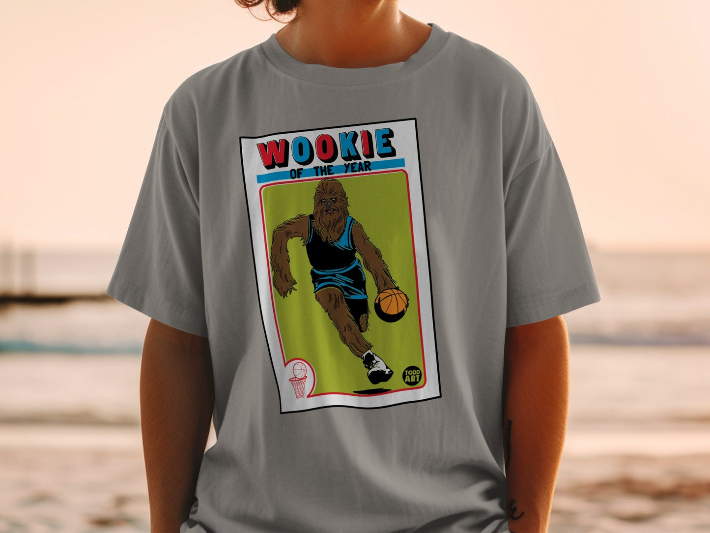 Wookiee of the Year basketball card design on a gray t-shirt.