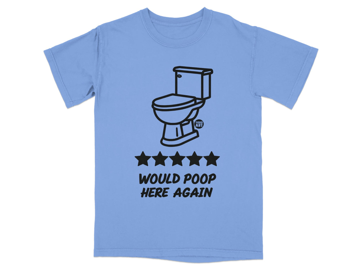 Toilet graphic with five stars and text "Would Poop Here Again".