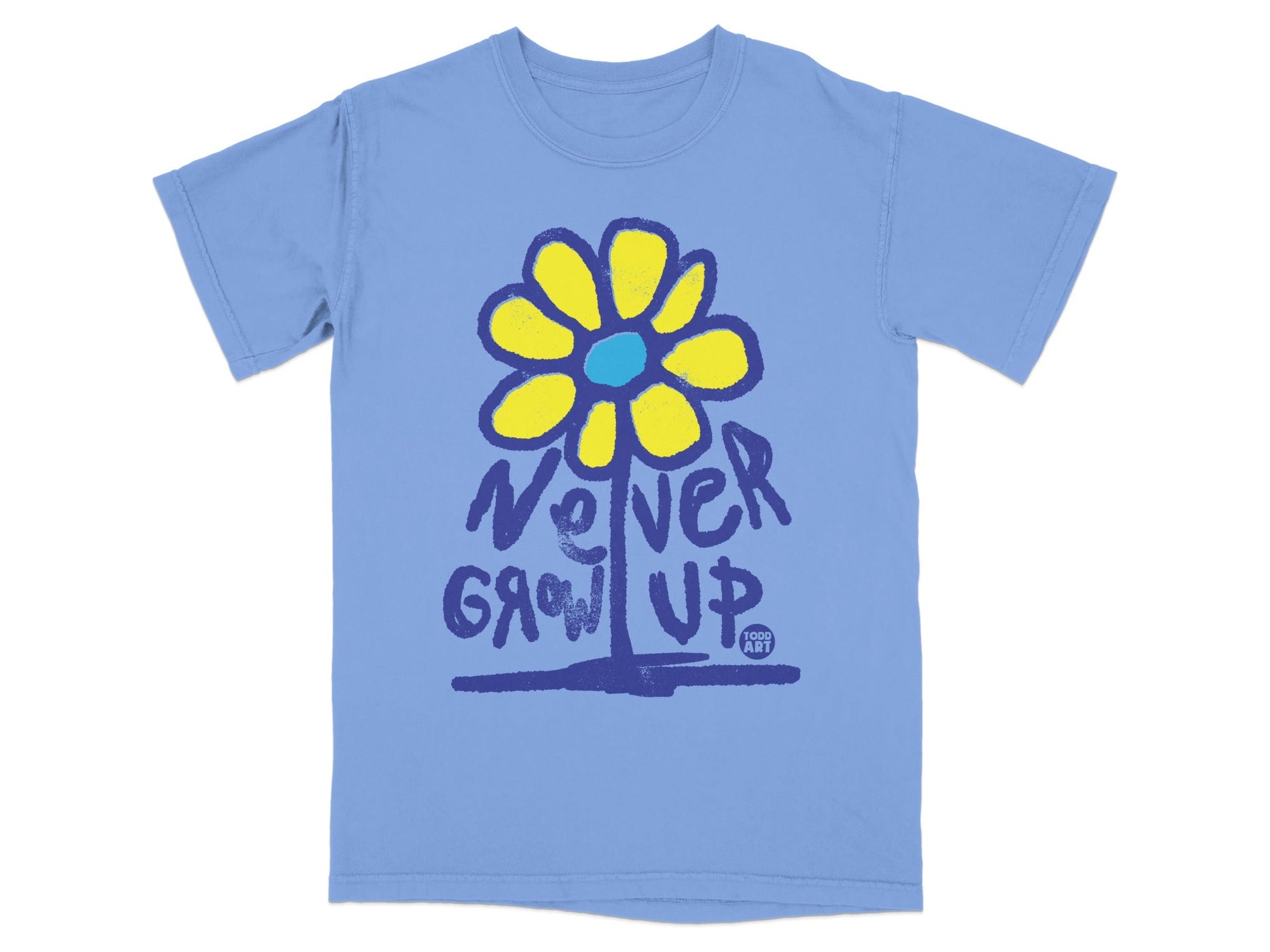 Light blue t-shirt with a blue and yellow flower and "Never Grow Up" text.
