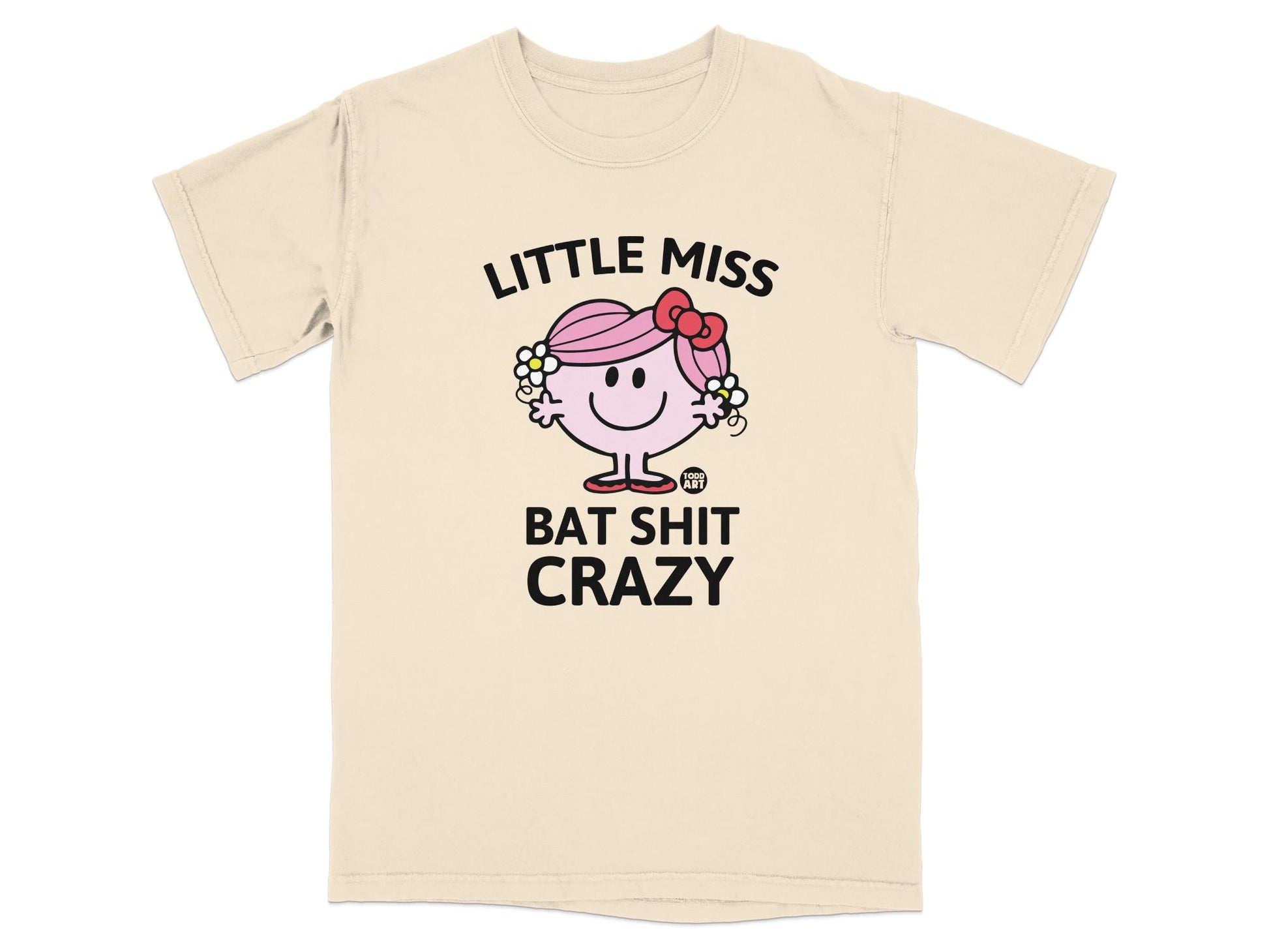 Little Miss Bat Shit Crazy graphic tee with pink bow and floral detail.