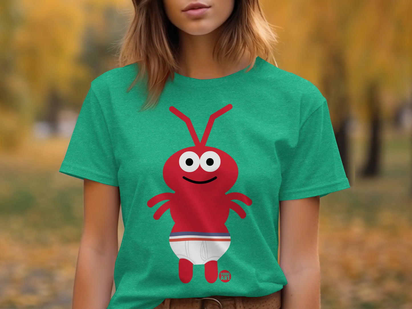 Red Ant Character Graphic on Green Shirt for Kids