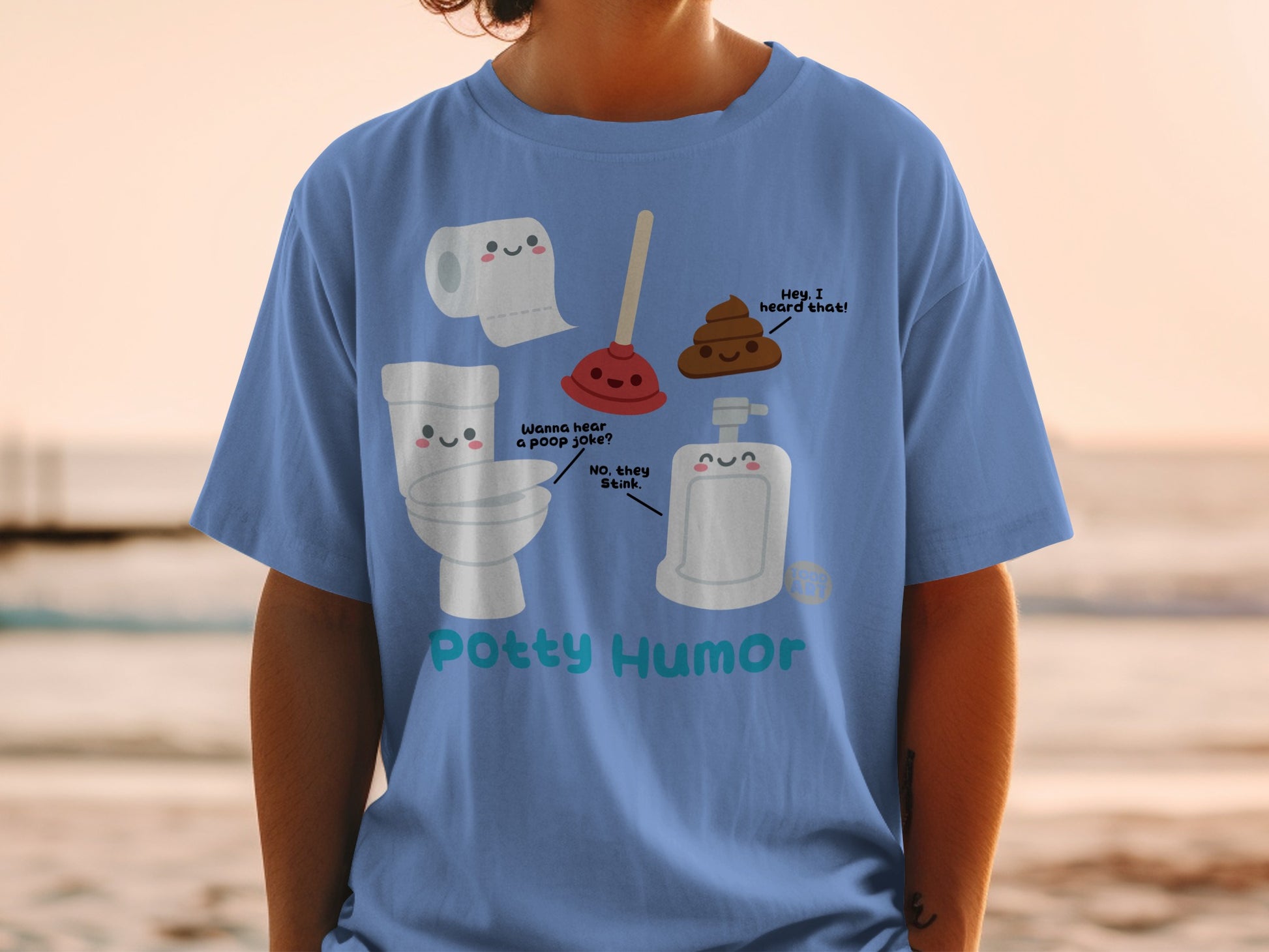 T-shirt with cartoon toilet, plunger, and poop characters and text "Potty Humor".