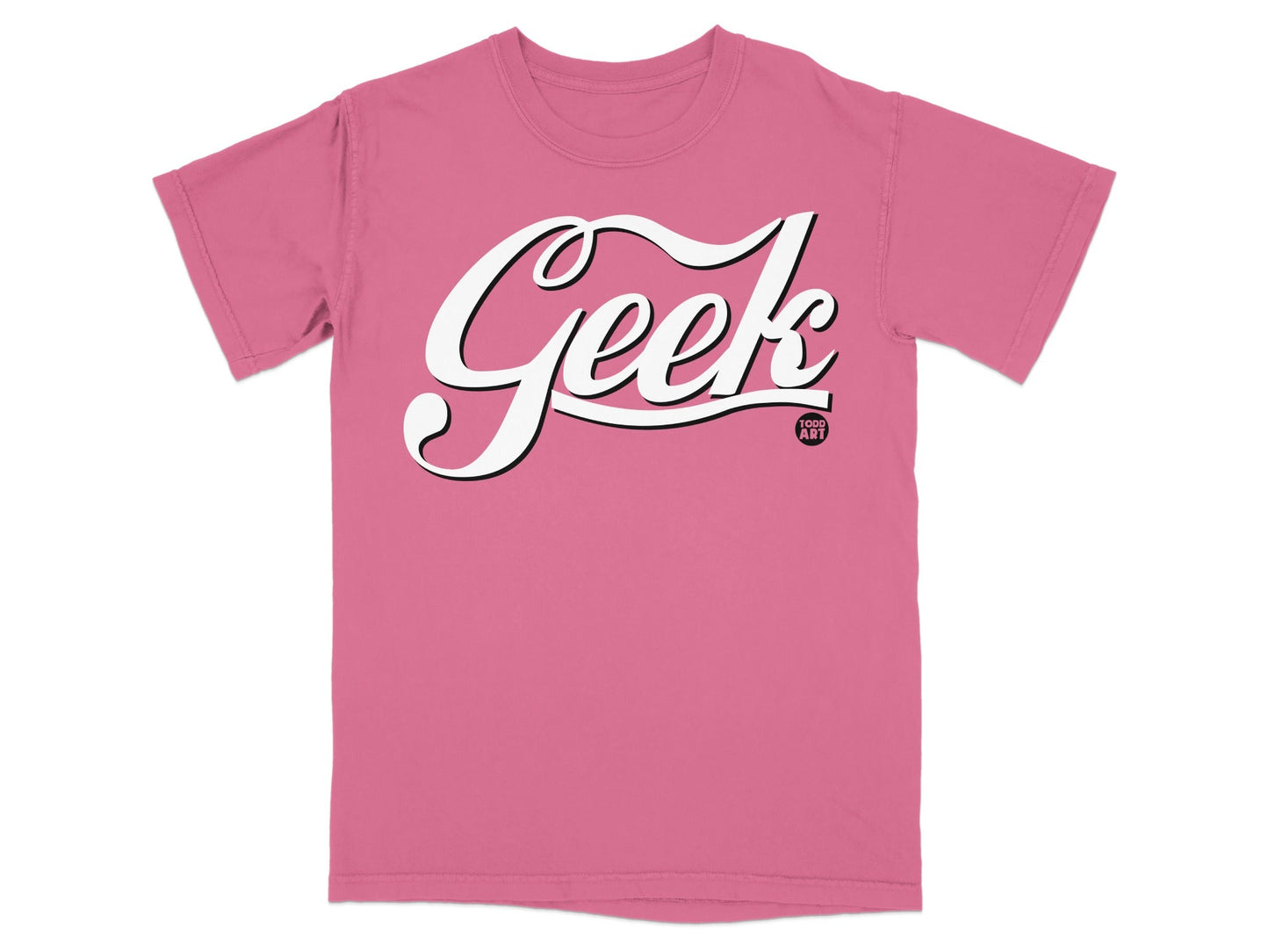 Pink t-shirt with "Geek" in white script and "1000 AMP" logo.