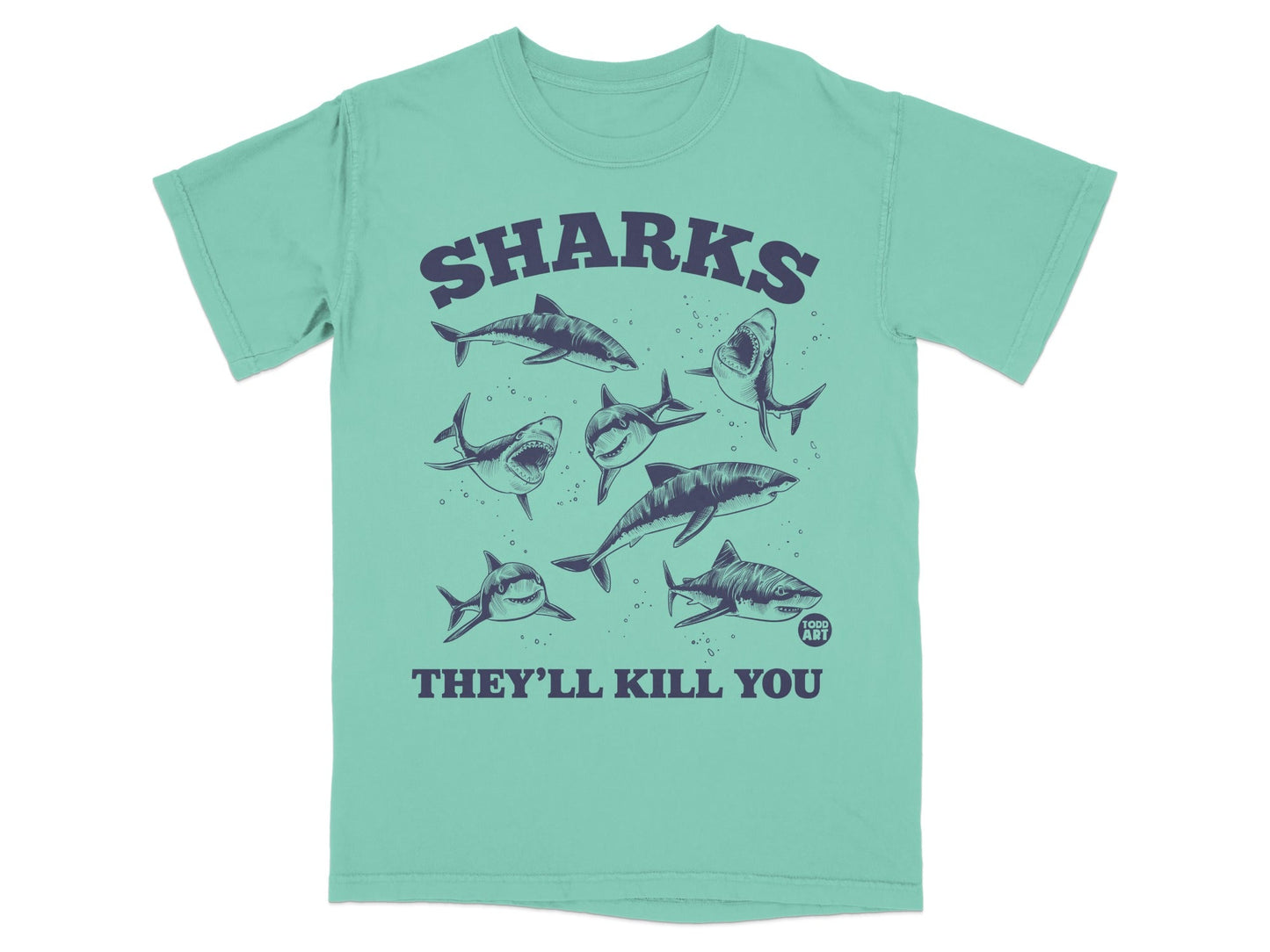 Graphic tee with multiple sharks and text "SHARKS THEY'LL KILL YOU" and "FOOD ART".