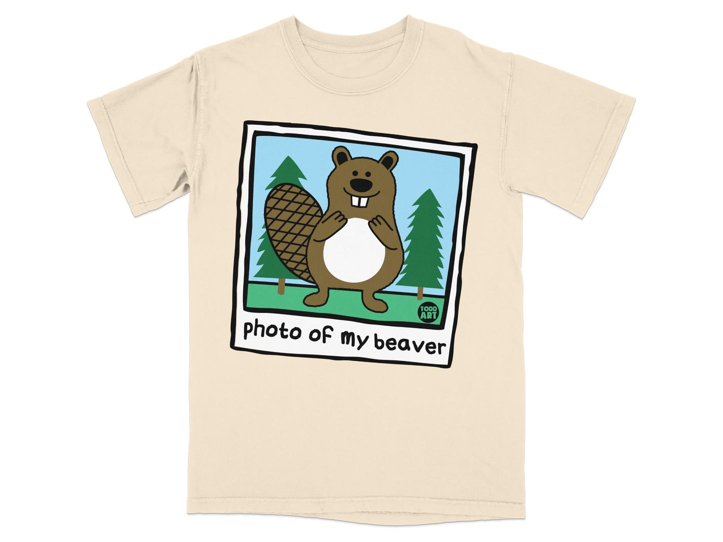 T-shirt with a cartoon beaver and text "photo of my beaver".