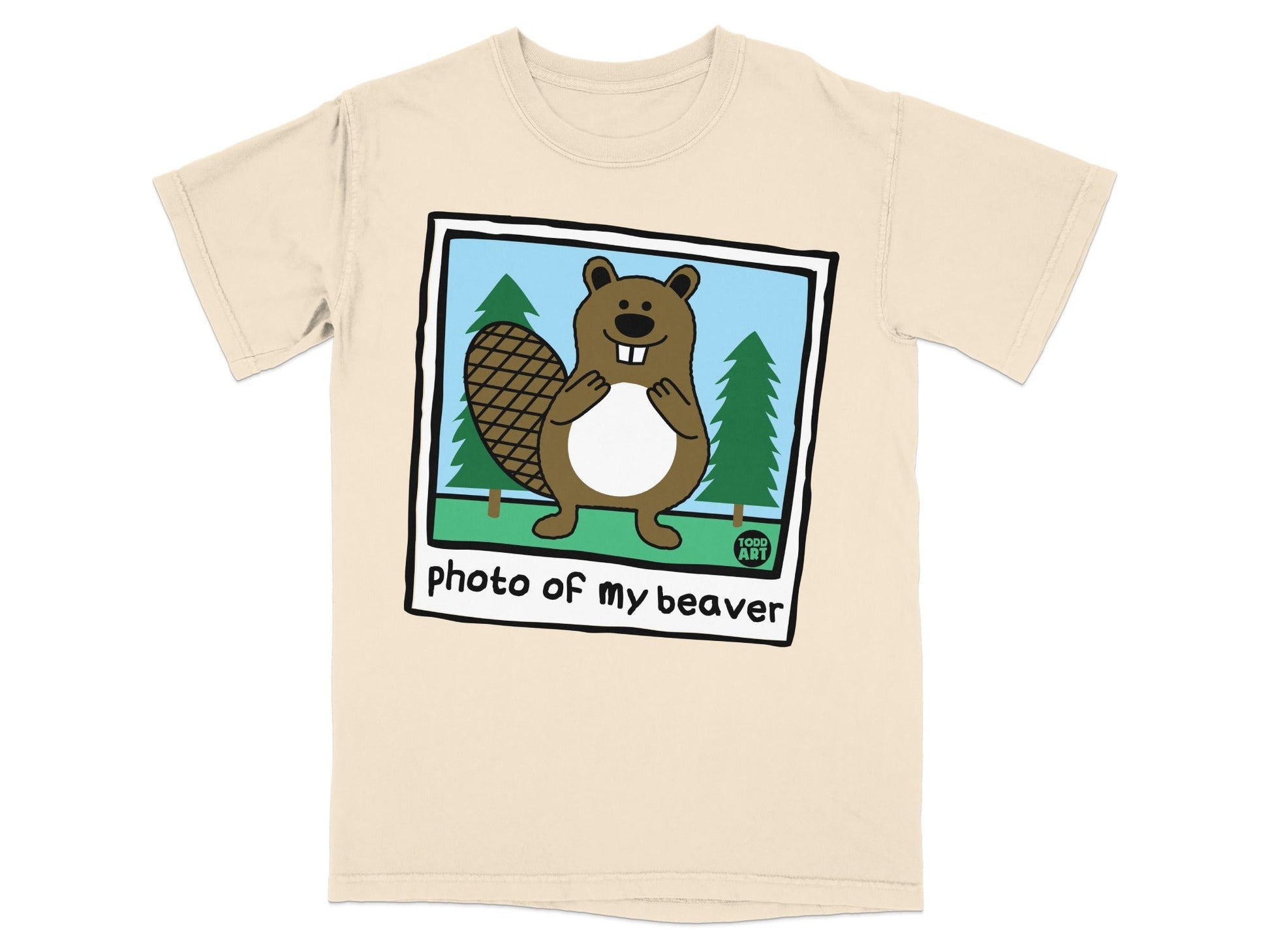 T-shirt with a cartoon beaver and text "photo of my beaver".