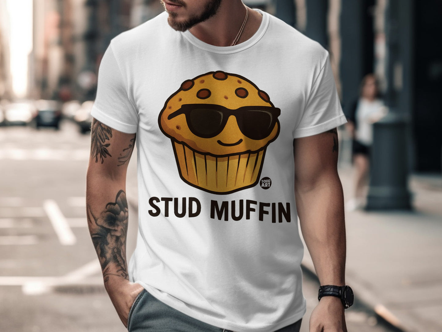 Stud Muffin Graphic Tee with Sunglasses Design