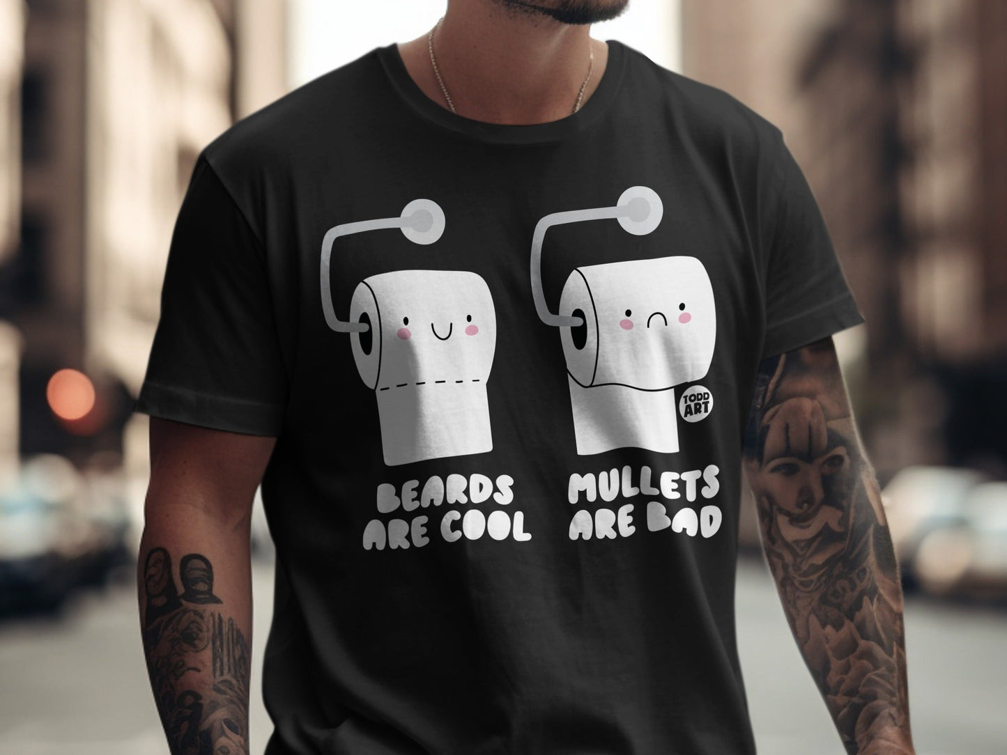 T-shirt with two toilet paper rolls, one happy, one sad, with text.