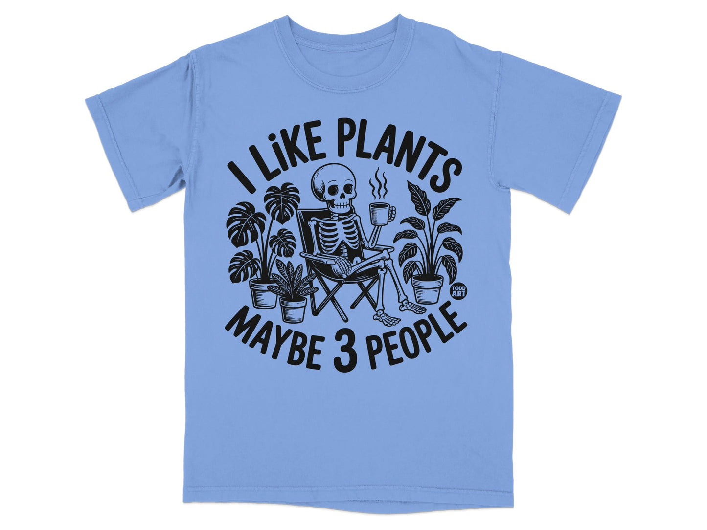 Skeleton sitting in chair with plants, text "I like plants maybe 3 people".