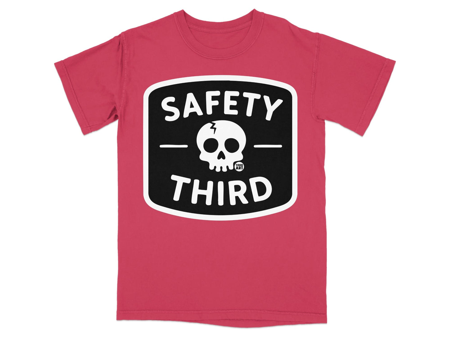 Red t-shirt with black and white "Safety Third" skull logo.