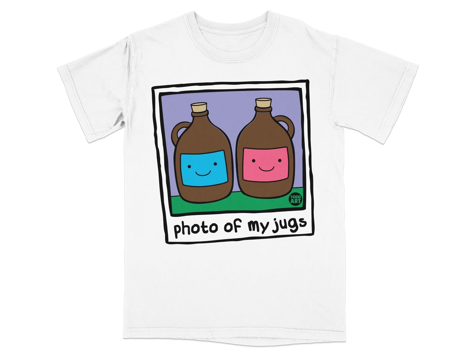 White t-shirt with illustration of two jugs with smiling faces and "photo of my jugs" text.