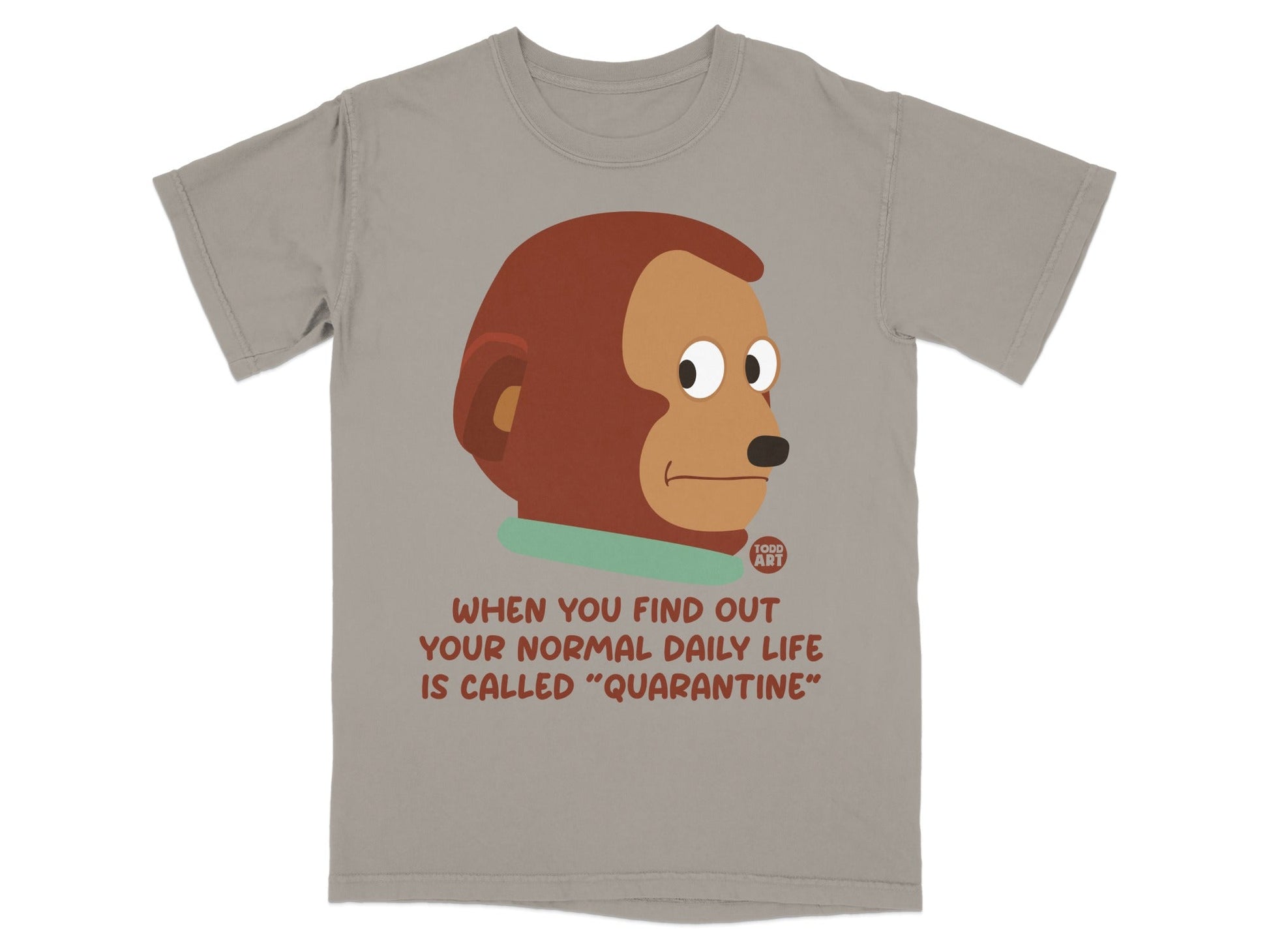 Brown monkey head with text "When you find out your normal daily life is called 'Quarantine'".