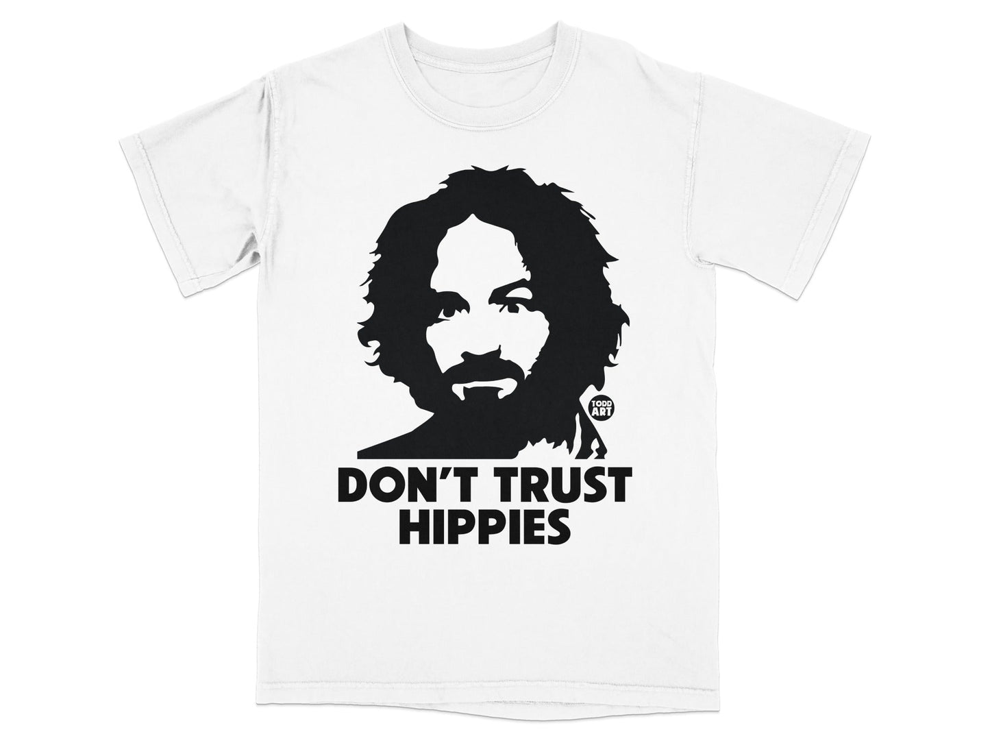 Black graphic t-shirt with portrait and "Don't Trust Hippies" text.