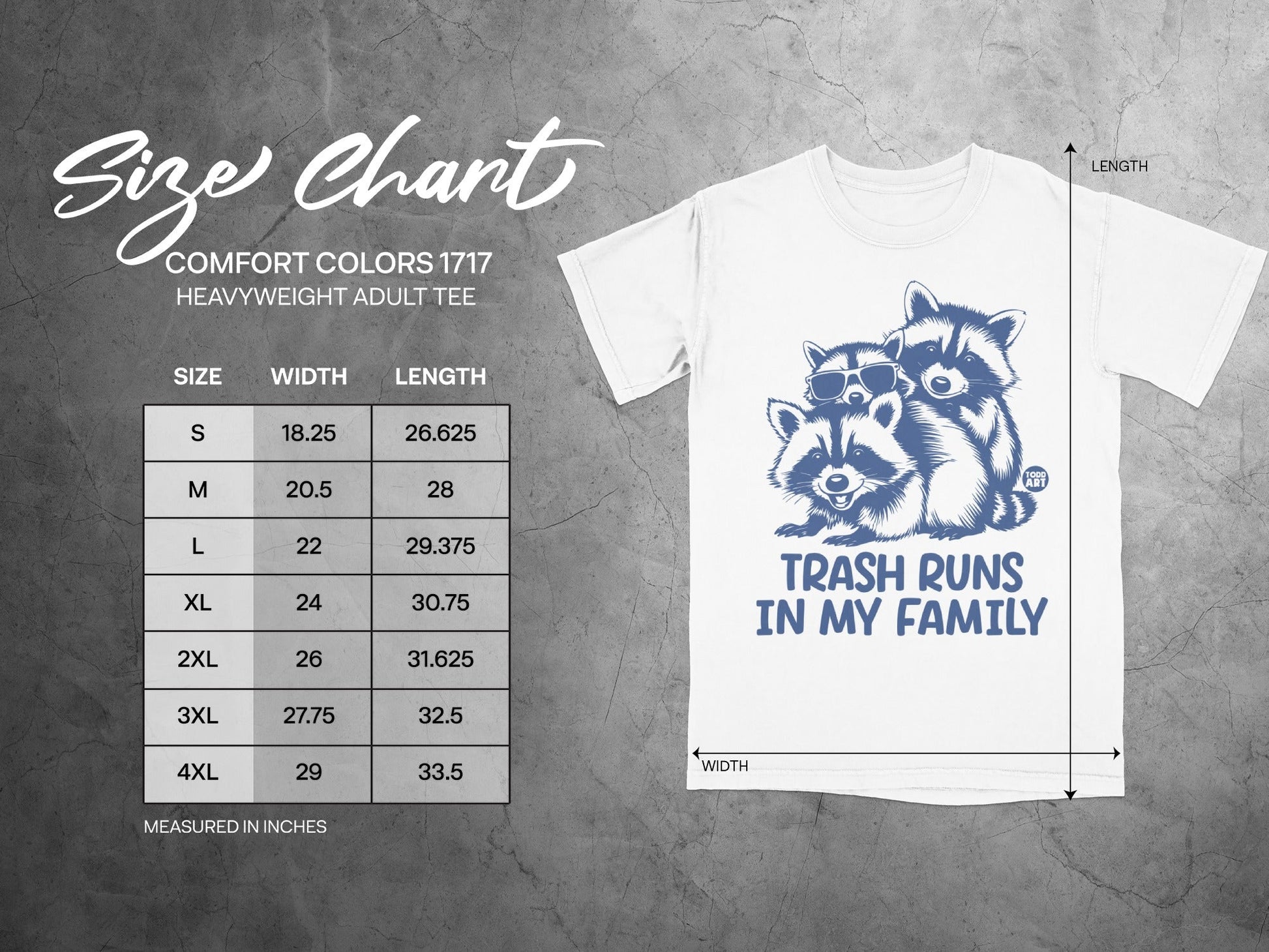 T-shirt size chart with width and length measurements for Comfort Colors 1717 heavyweight adult tee.