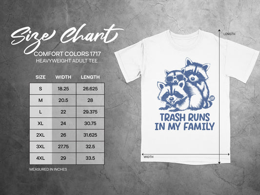T-shirt size chart with width and length measurements for Comfort Colors 1717 heavyweight adult tee.