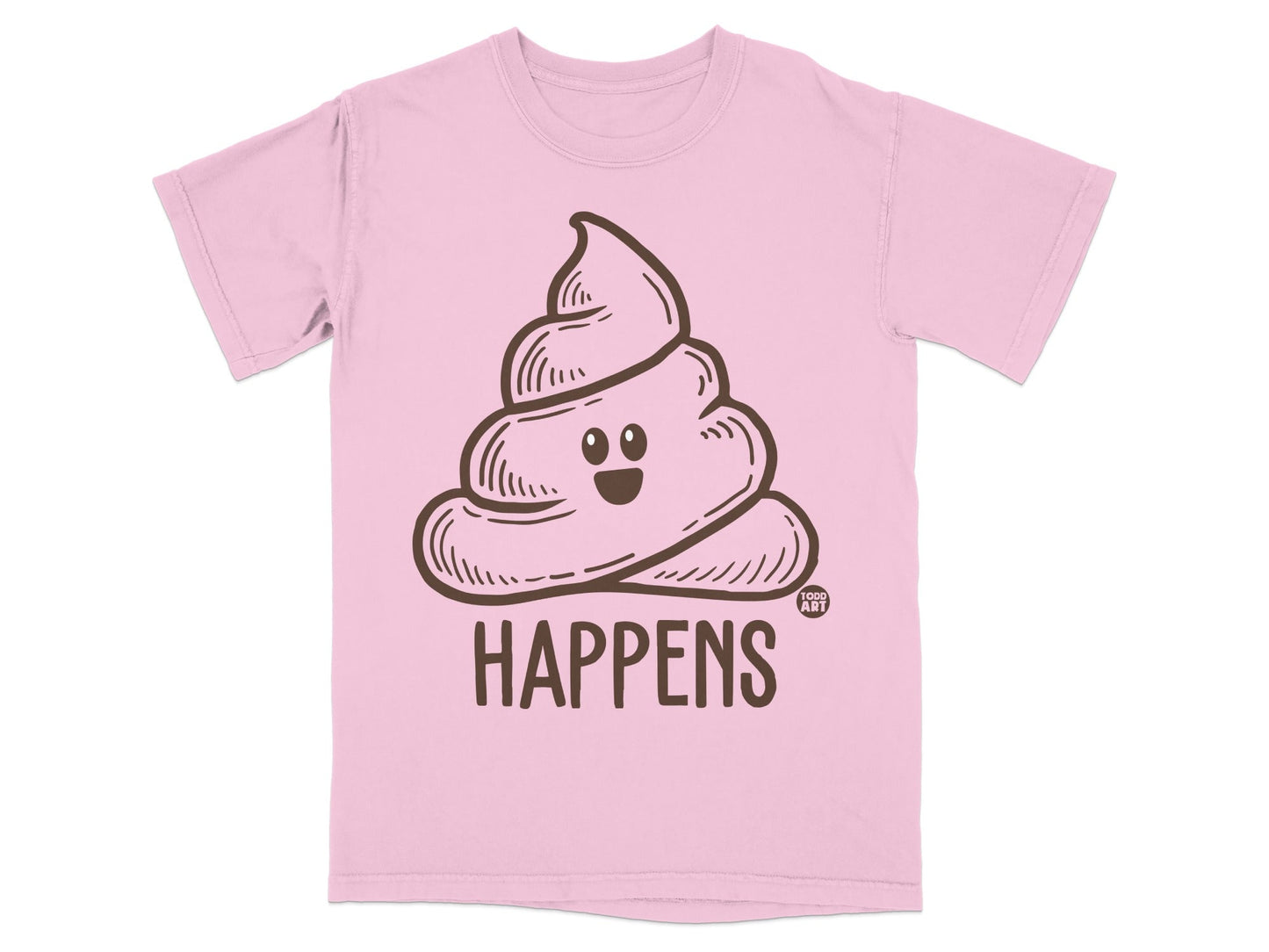 Pink t-shirt with brown smiling poop graphic and "HAPPENS" text.