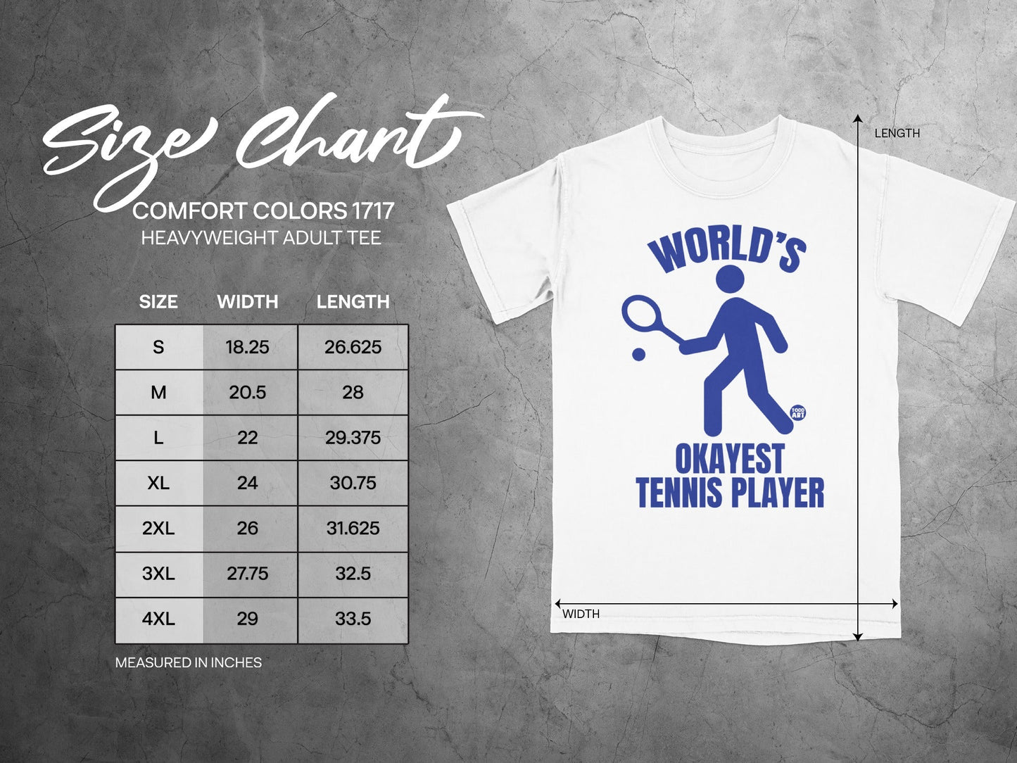Size chart for Comfort Colors 1717 heavyweight adult tee with tennis player graphic.