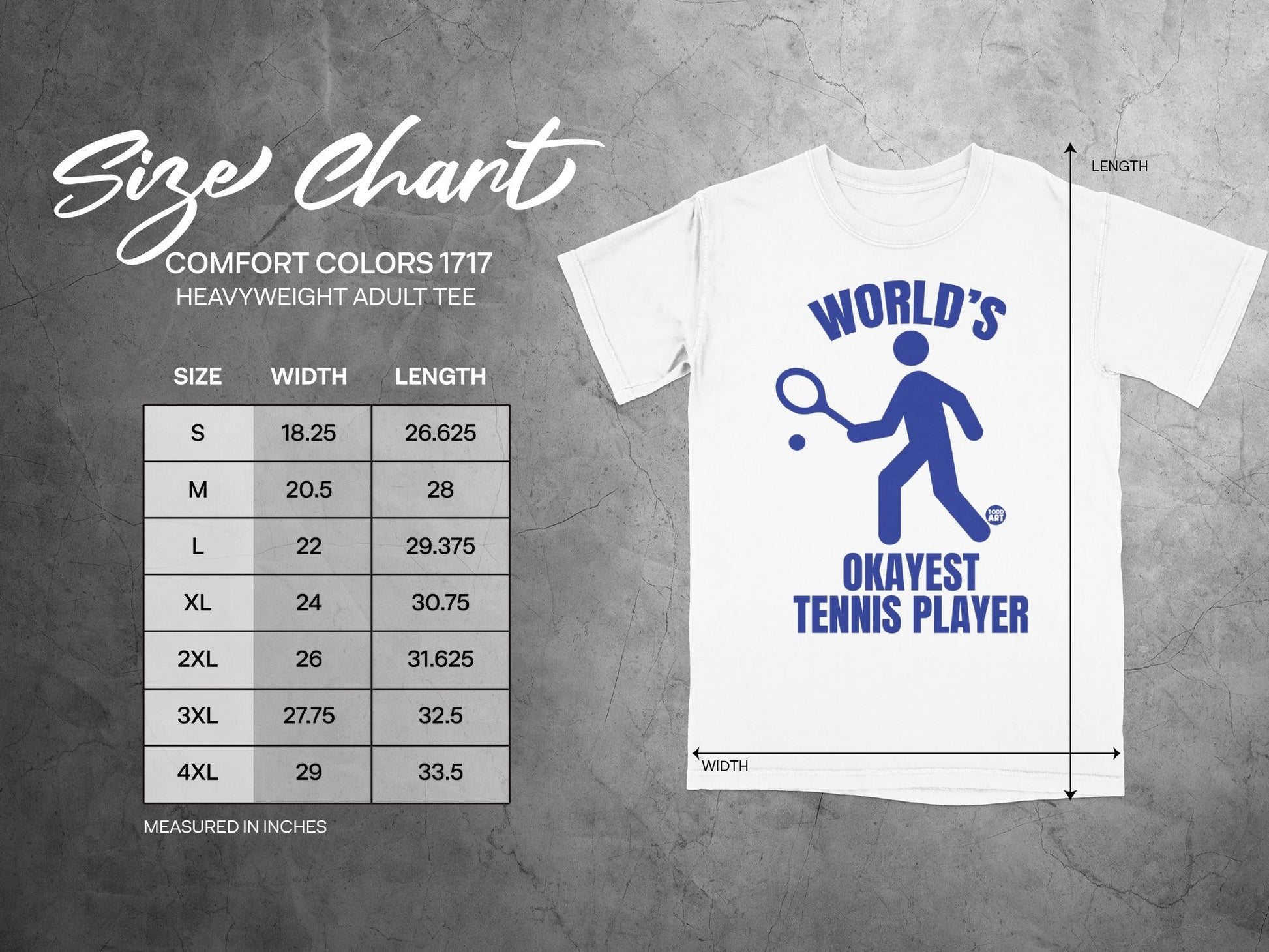 Size chart for Comfort Colors 1717 heavyweight adult tee with tennis player graphic.