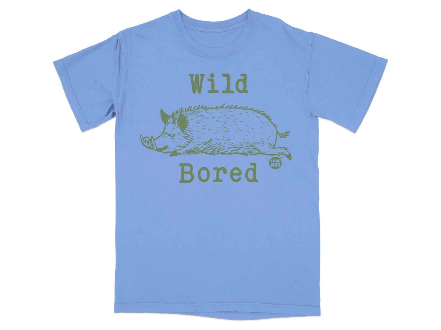 Light blue t-shirt with green wild boar graphic and "Wild Bored" text.