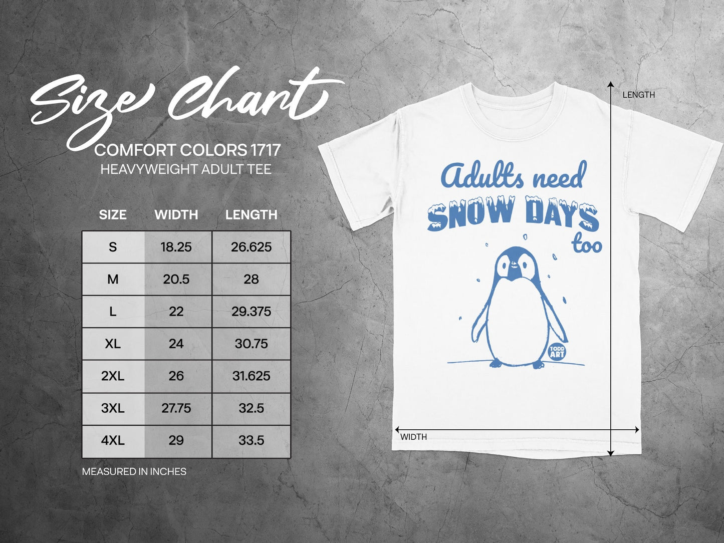 Comfort Colors 1717 size chart for adult heavyweight tees with penguin graphic.