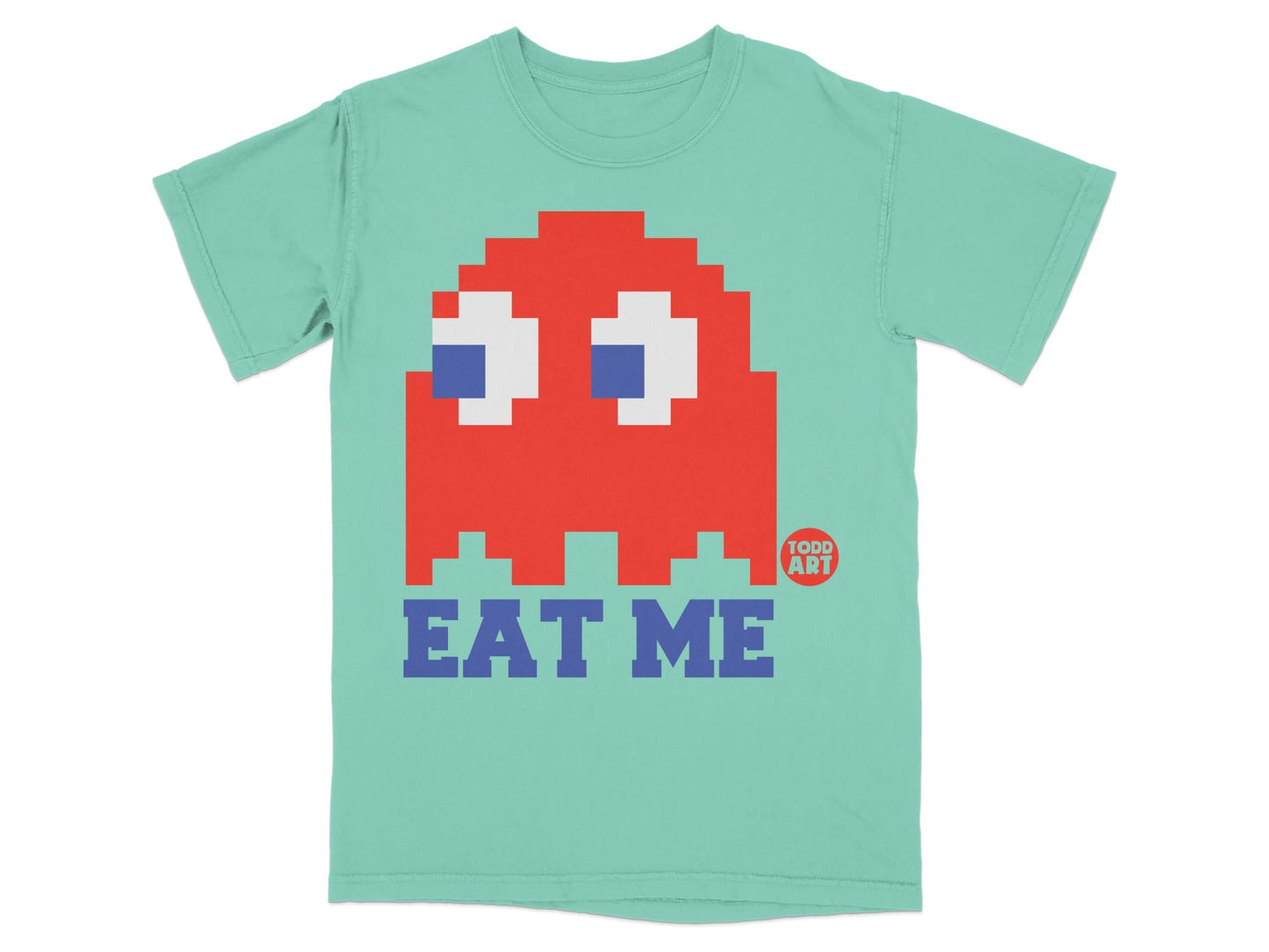Teal t-shirt with red Pac-Man ghost and "EAT ME" text.