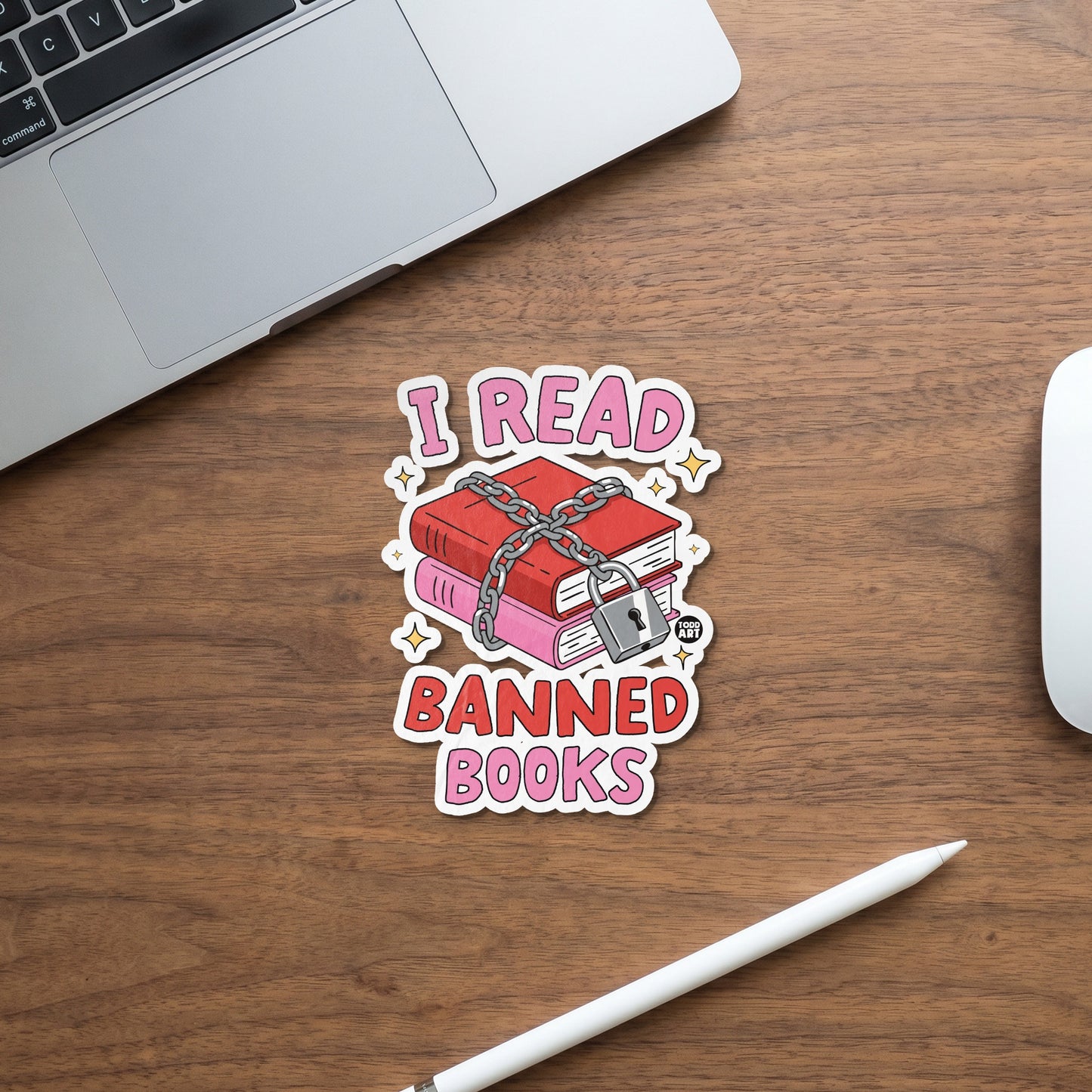 Sticker with chained books and "I READ BANNED BOOKS" text.