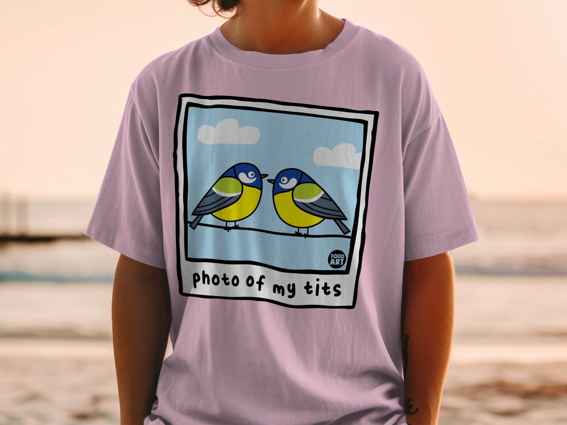 Two blue and yellow birds perched on a wire, with text "photo of my tits".