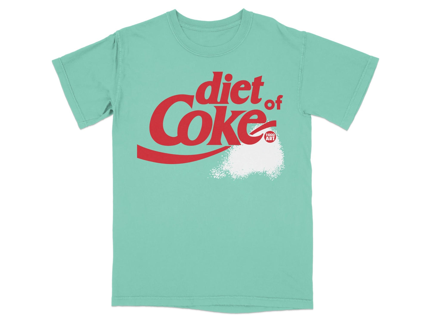 Mint green t-shirt with Diet Coke logo and sugar graphic.