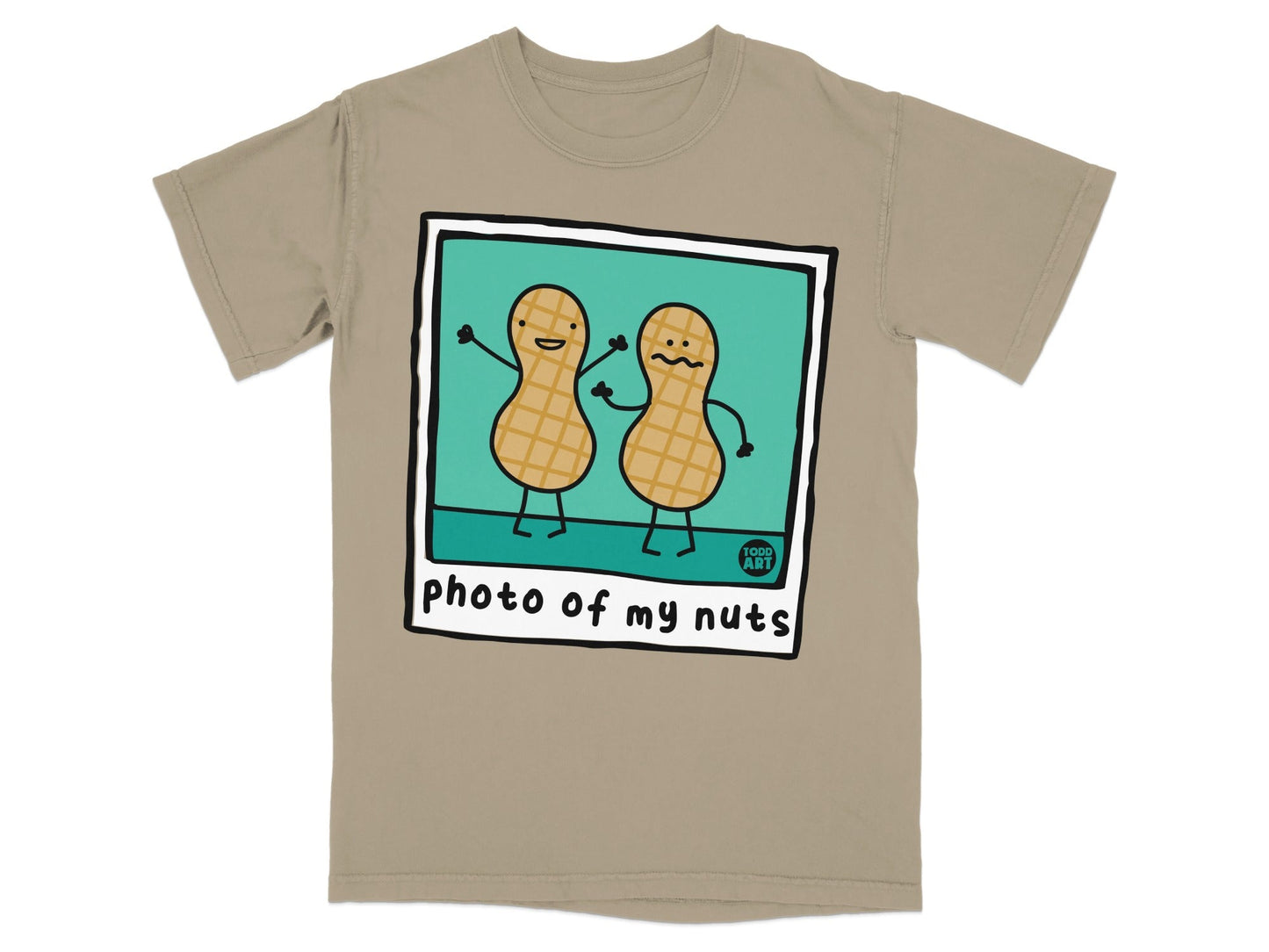 Two cartoon peanuts in a polaroid frame with "photo of my nuts" text.