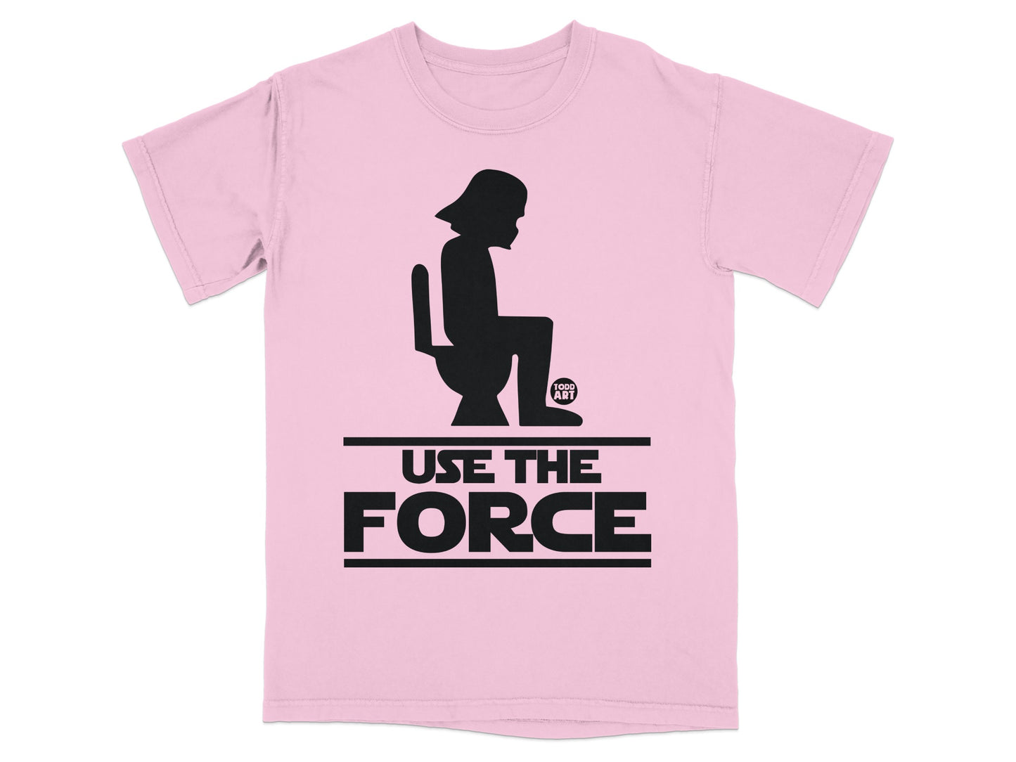 Pink t-shirt with Darth Vader sitting on a toilet, text "USE THE FORCE".