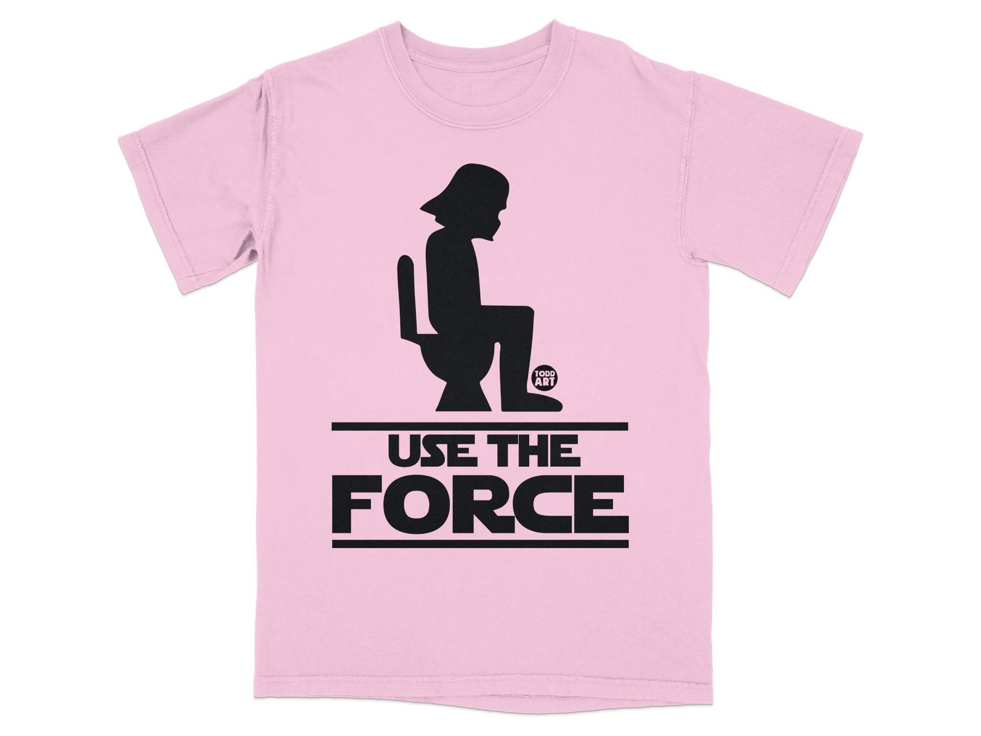 Pink t-shirt with Darth Vader sitting on a toilet, text "USE THE FORCE".