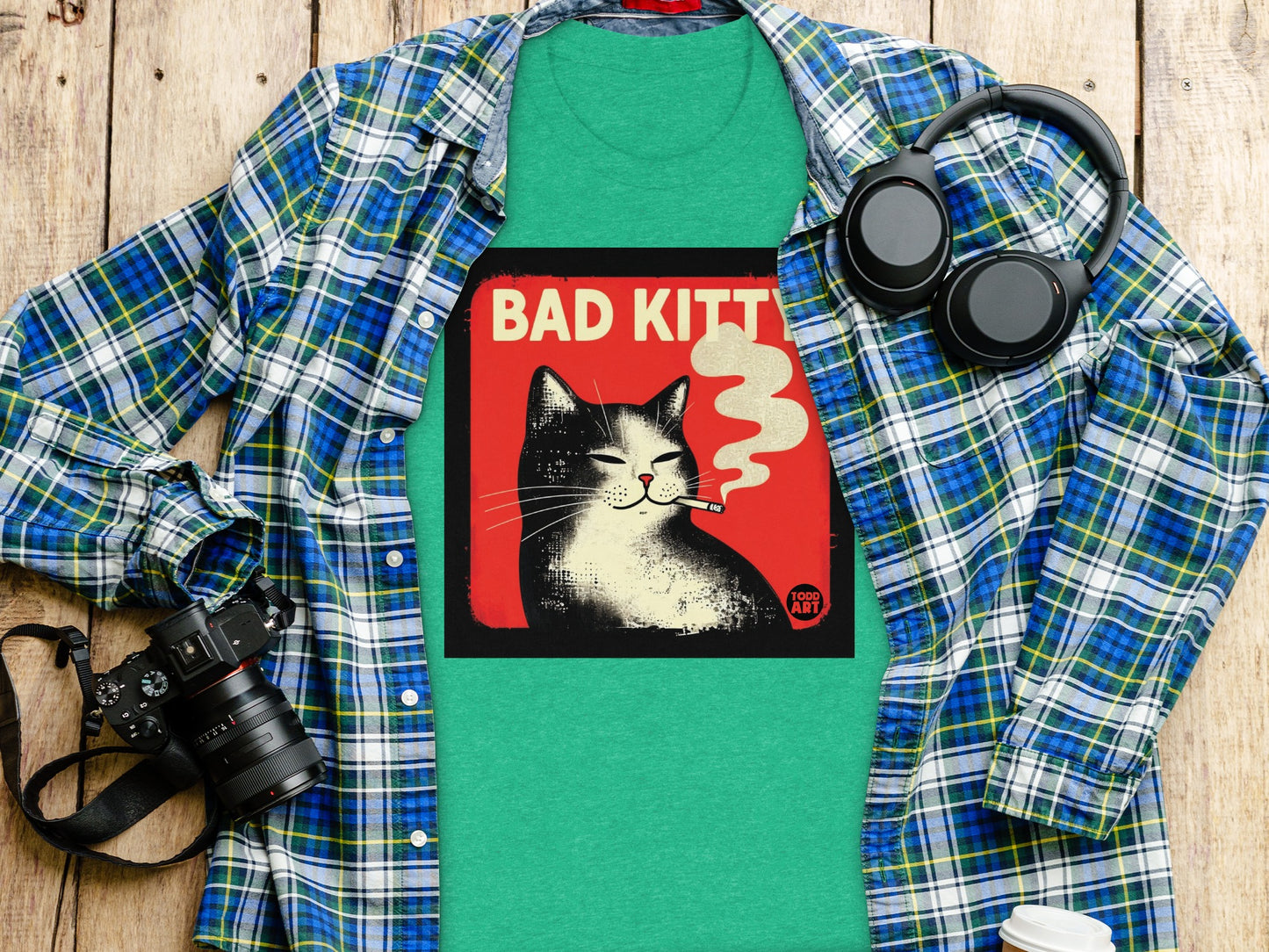Bad Kitty Graphic Tee Funny Cat Smoking Design Shirt
