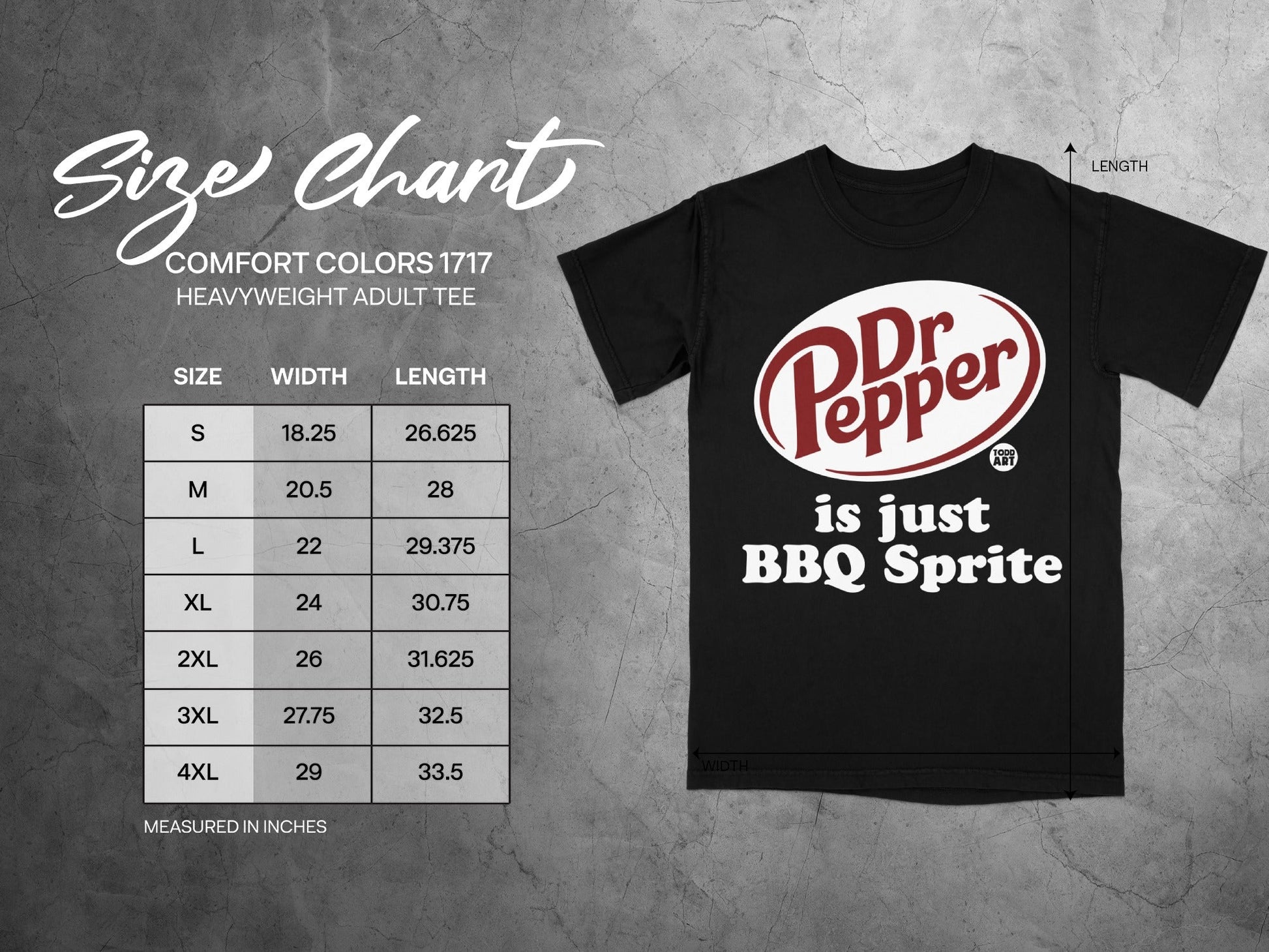 Dr Pepper BBQ Sprite t-shirt with size chart showing S-4XL width and length.