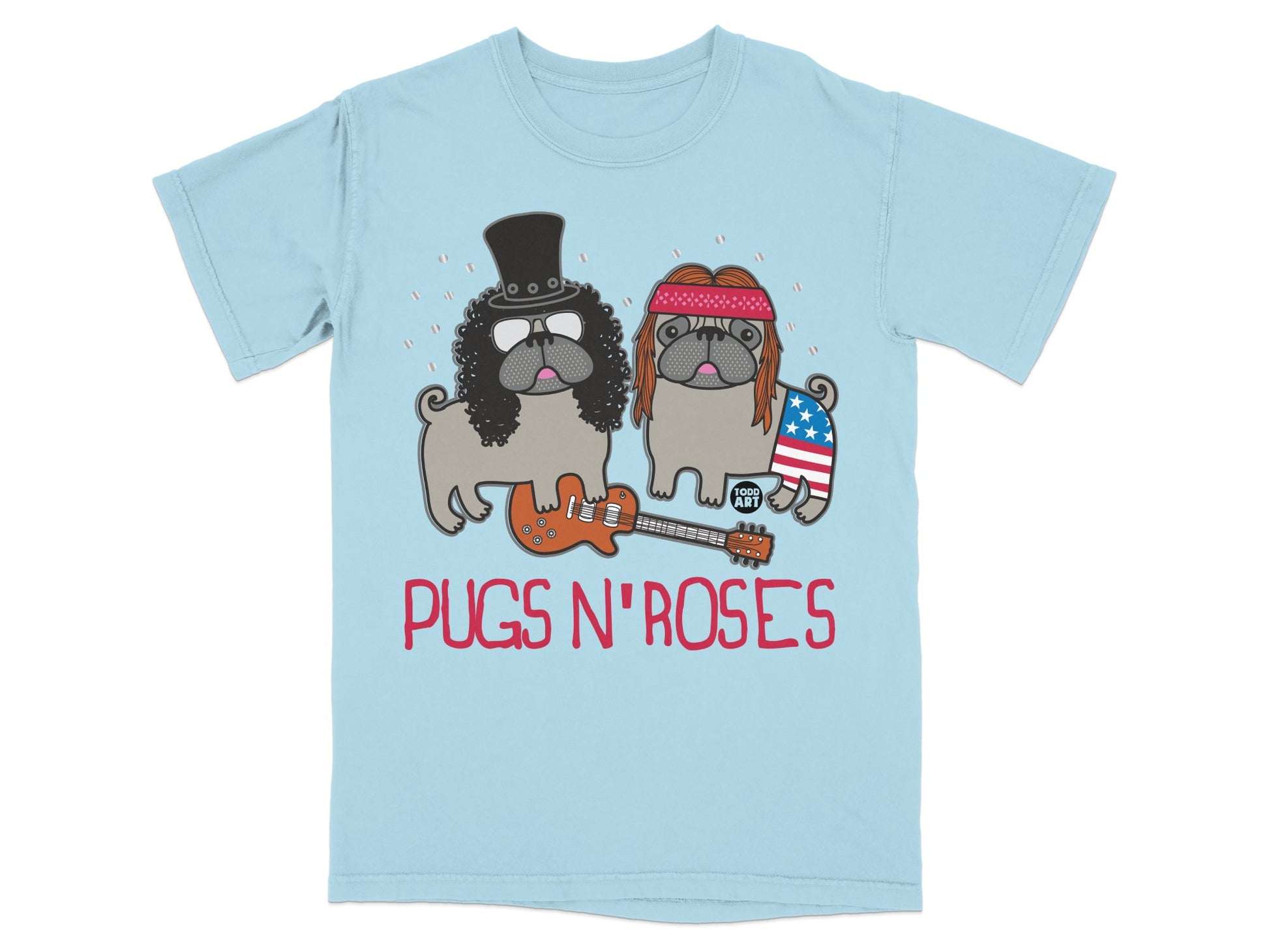 Pugs N' Roses Cute Dog Band Graphic T-Shirt