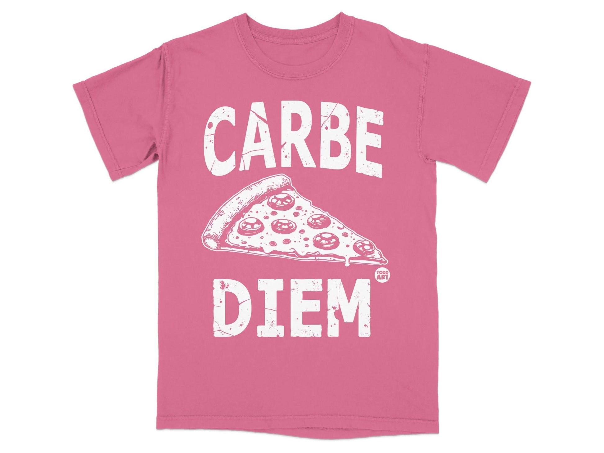 Pink t-shirt with "CARPE DIEM" and a slice of pizza graphic.