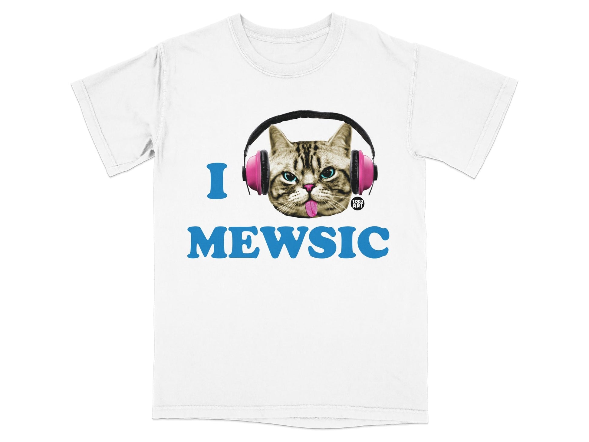 White t-shirt with a cat wearing headphones and "I MEWSIC" text.