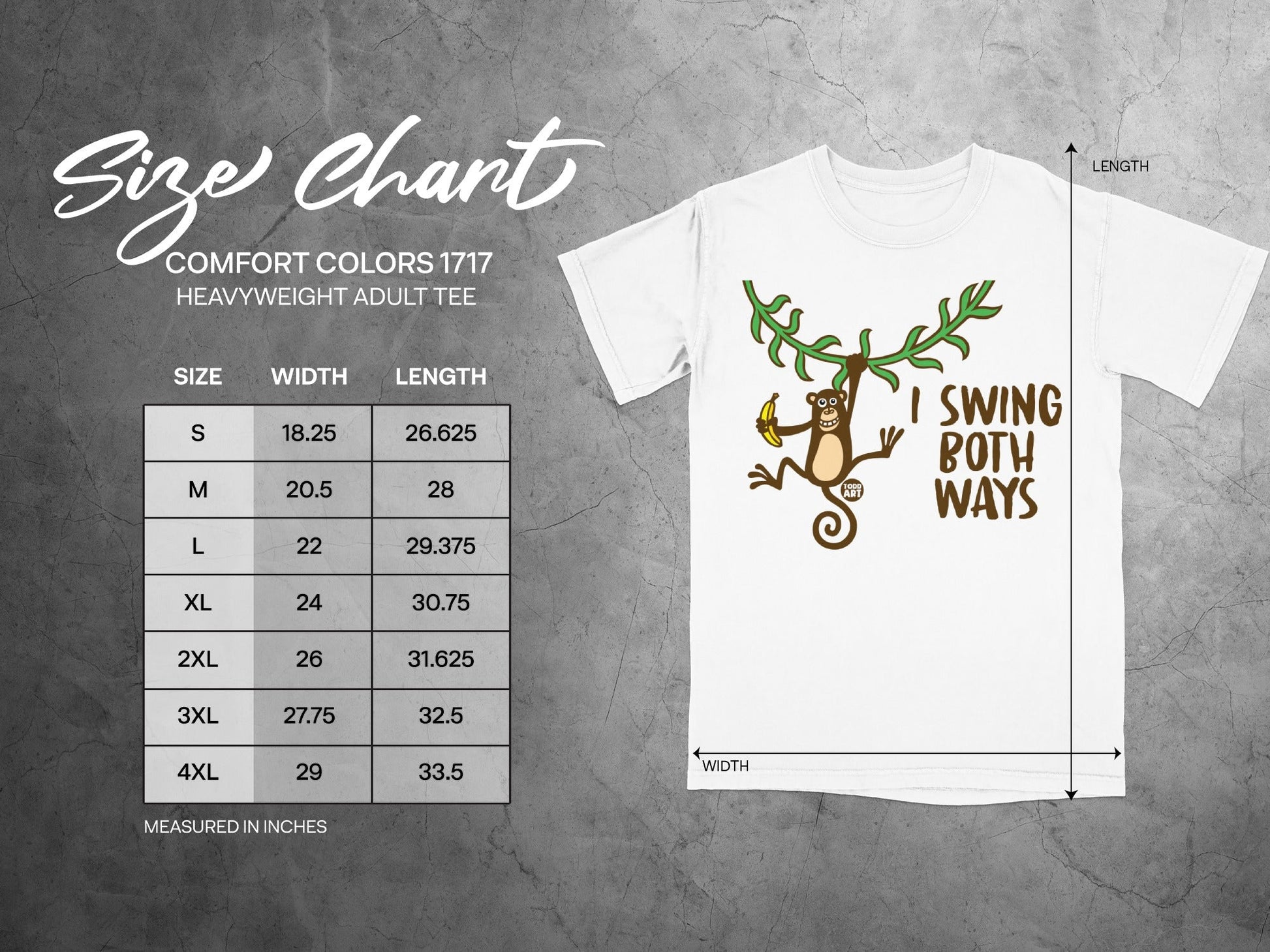 Comfort Colors 1717 size chart and heavyweight adult tee with "I Swing Both Ways" graphic.