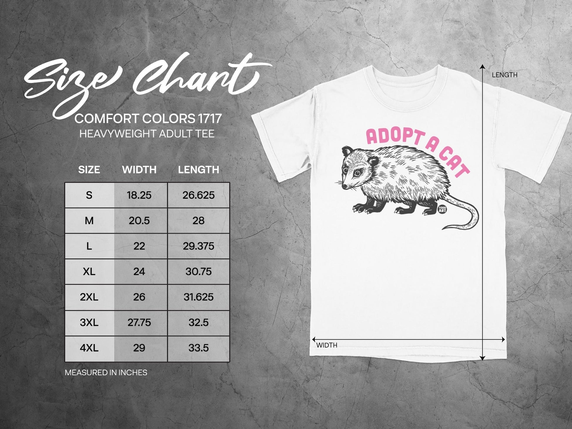 Comfort Colors 1717 size chart for heavyweight adult tees.