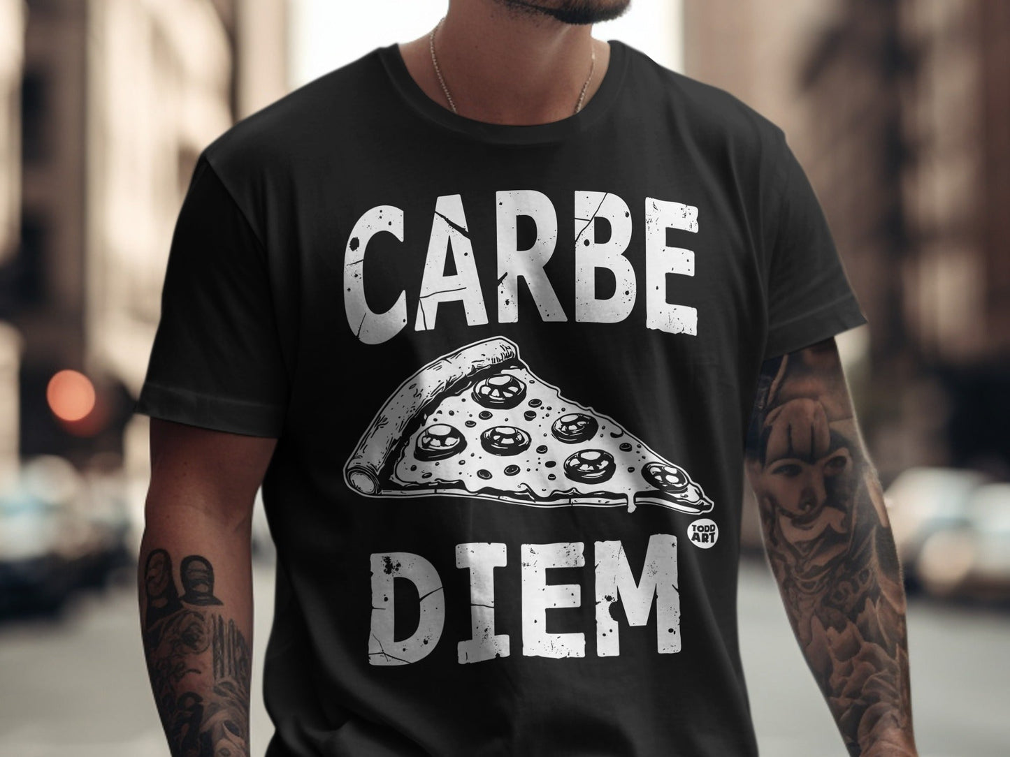 Black t-shirt with "CARPE DIEM" and a slice of pizza graphic.
