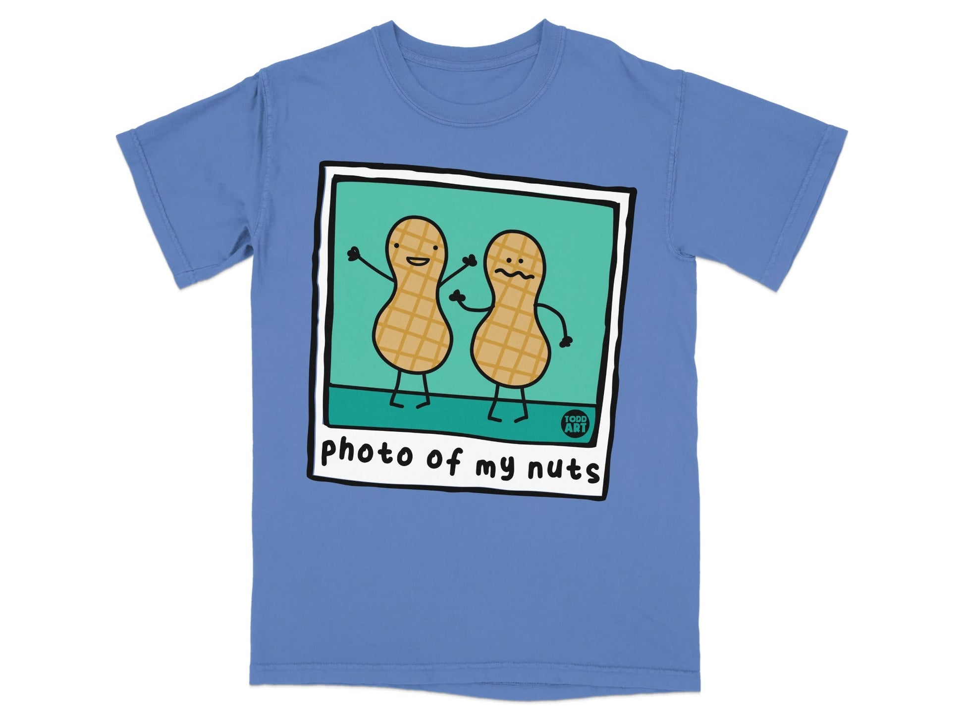 Two cartoon peanuts, one with a smile and one worried, on a t-shirt.
