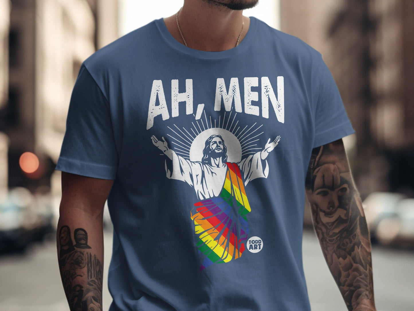 Navy t-shirt with Jesus wearing rainbow flag, "AH, MEN" text.