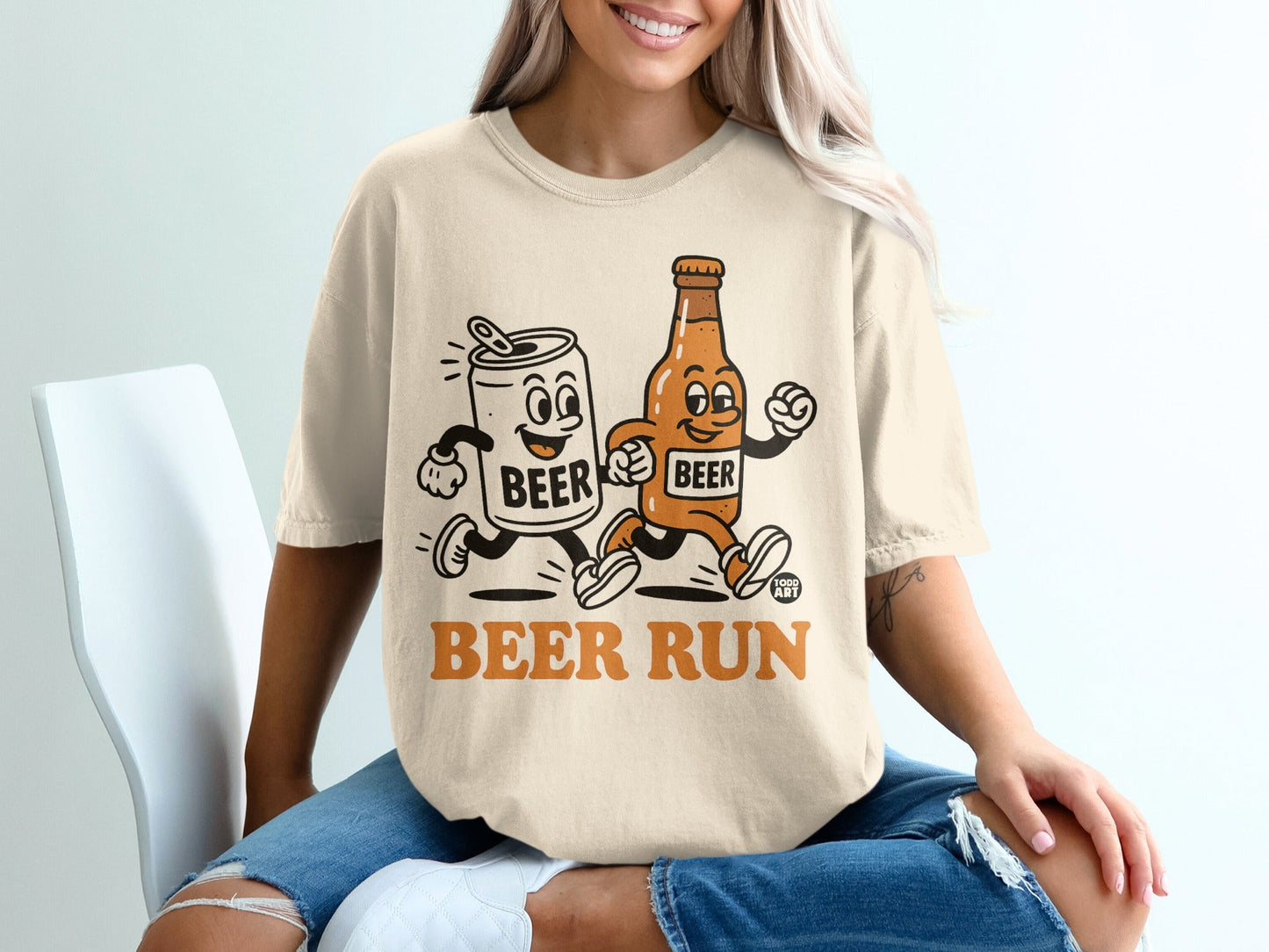 Funny Beer Run Cartoon Design Graphic T-shirt