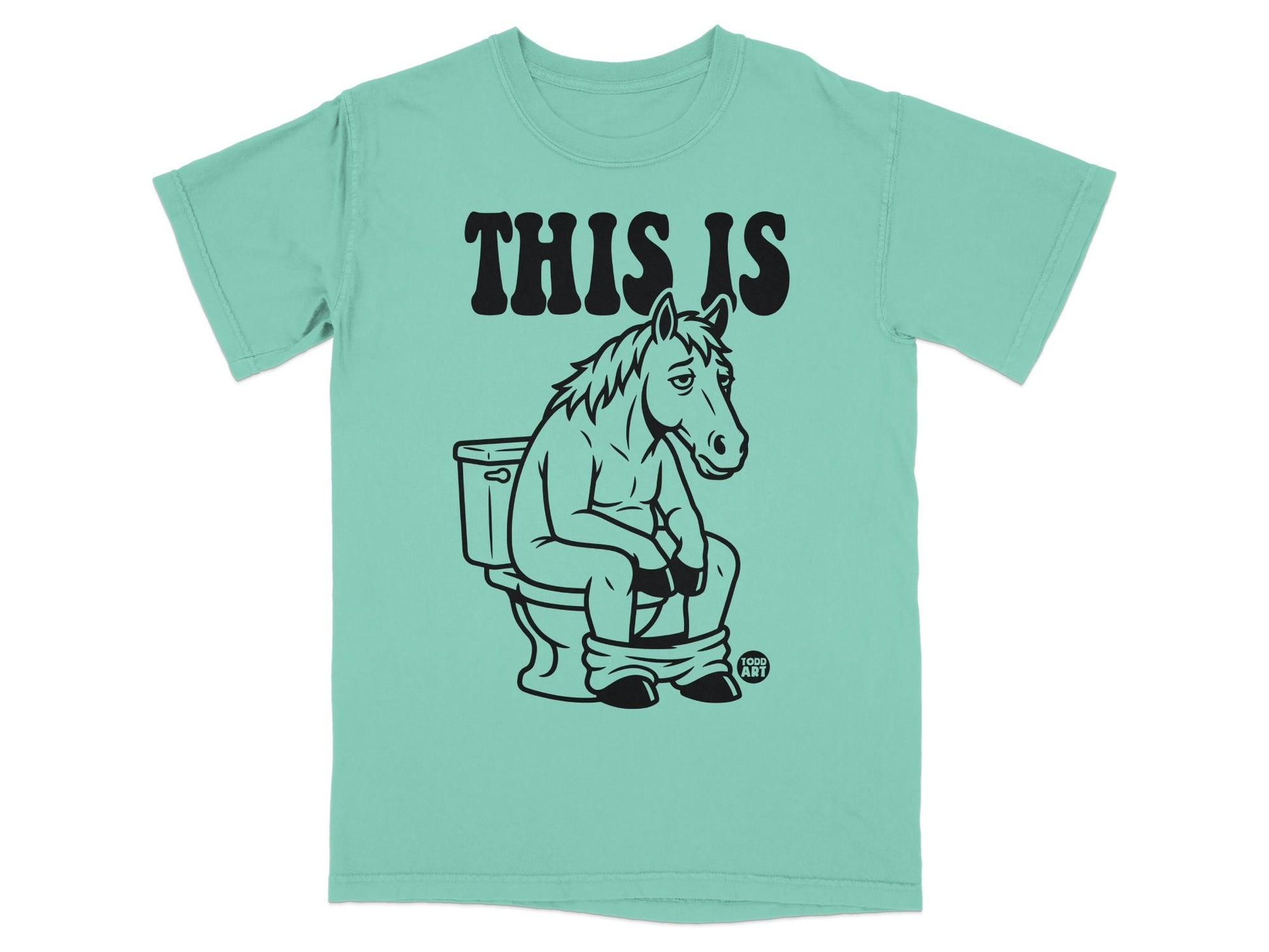 Mint t-shirt with black graphic of a horse sitting on a toilet.