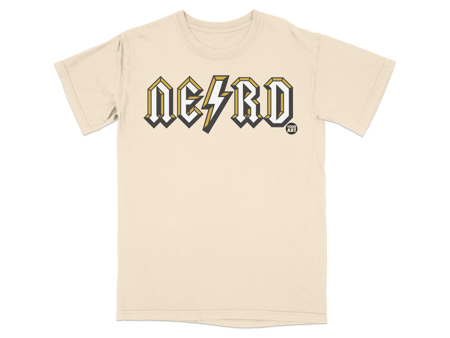 Cream t-shirt with bold, yellow and black "NERD" logo and small "FOOD ART" in a circle.