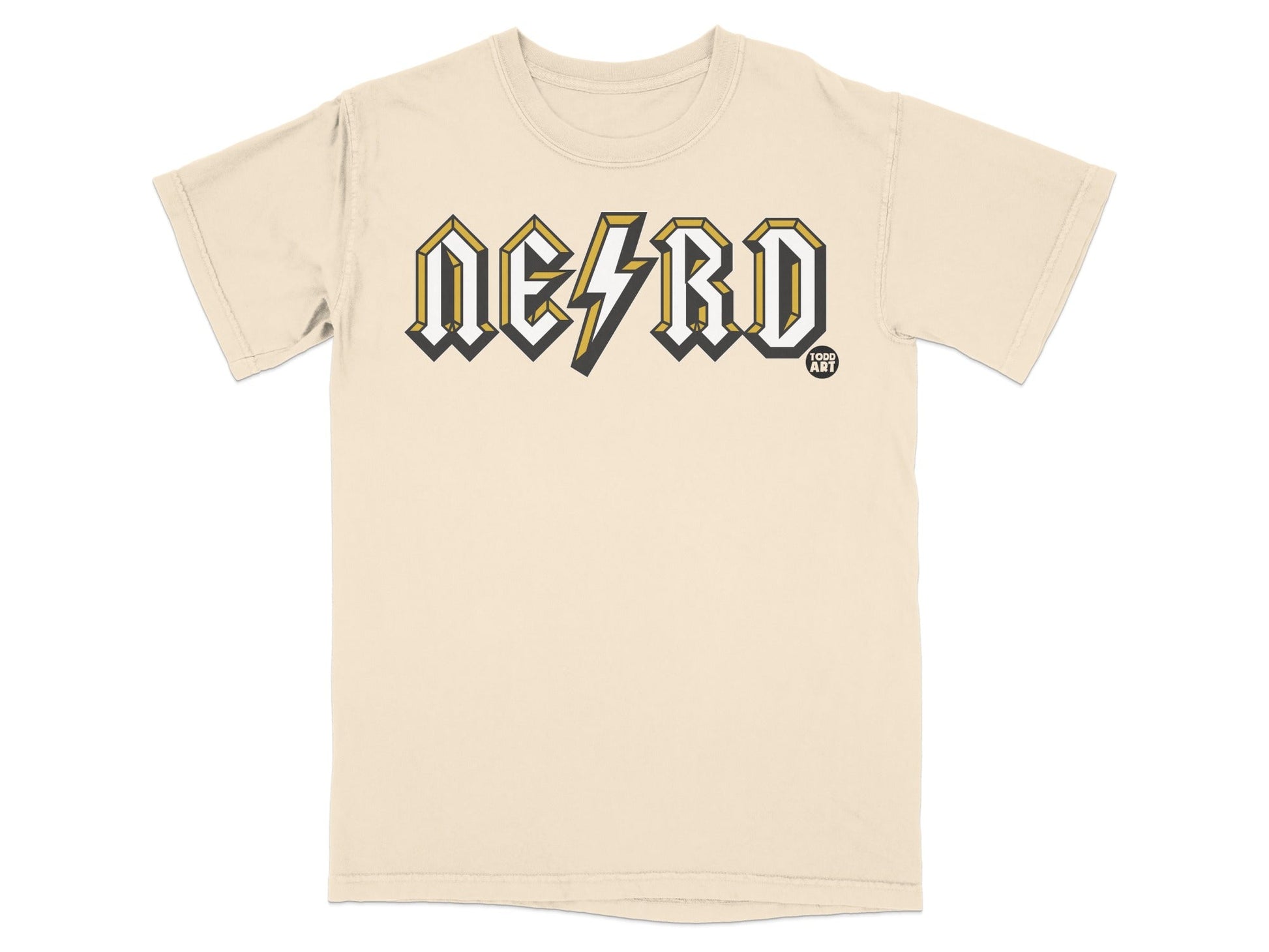 Cream t-shirt with bold, yellow and black "NERD" logo and small "FOOD ART" in a circle.