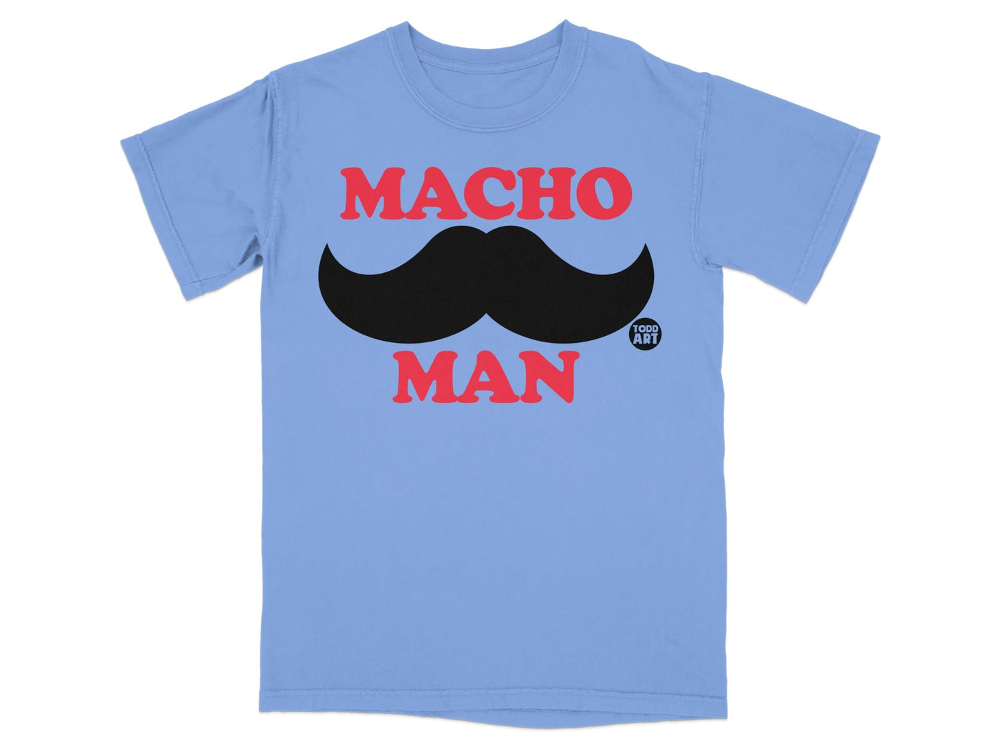 Blue t-shirt with "MACHO MAN" and a mustache design.