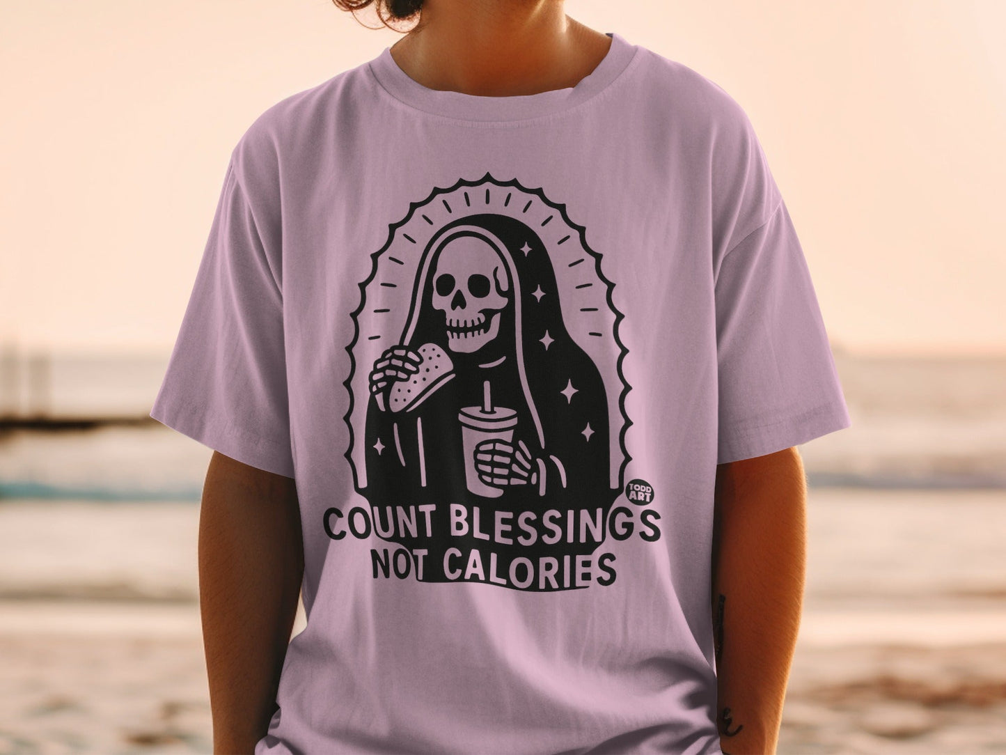 Skeleton in nun's habit eating burger and drink, "Count Blessings Not Calories."