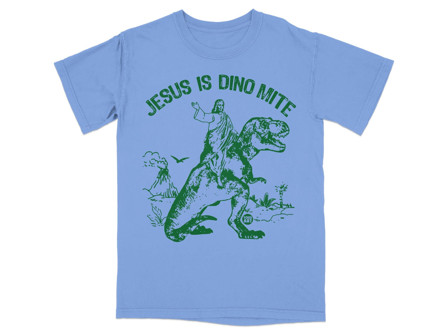Jesus riding a dinosaur with a volcano and palm trees.