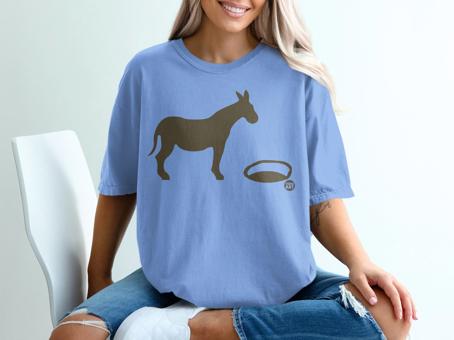 Blue T-shirt with Donkey and Food Art Design