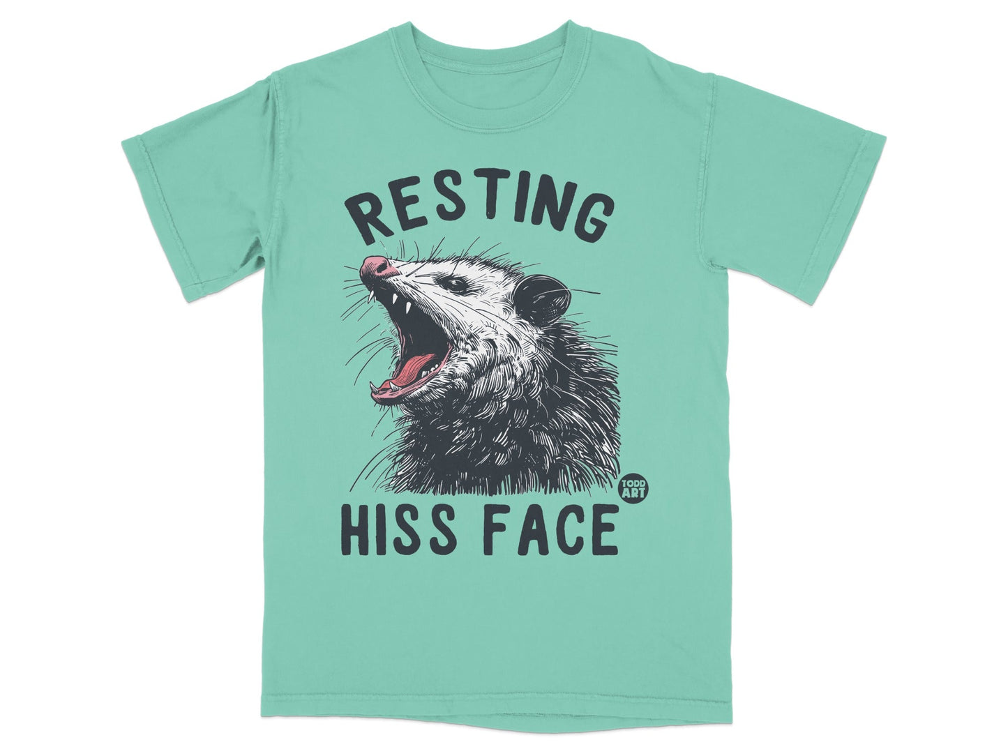 Opossum with mouth open, "Resting Hiss Face" text, 1000 Art logo.
